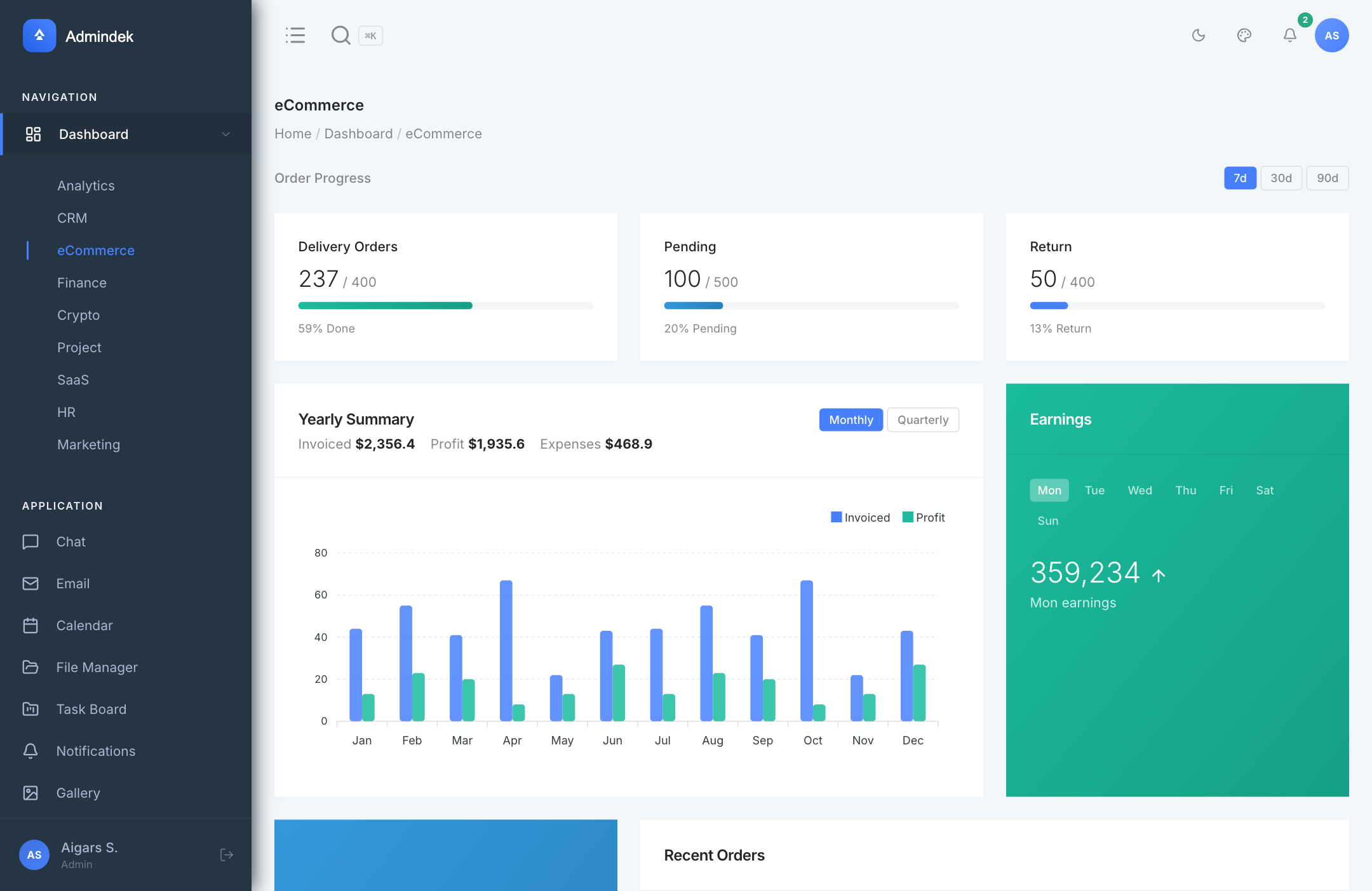 Admindek Laravel Dashboard - E-commerce with Order Progress, Yearly Summary, and Earnings