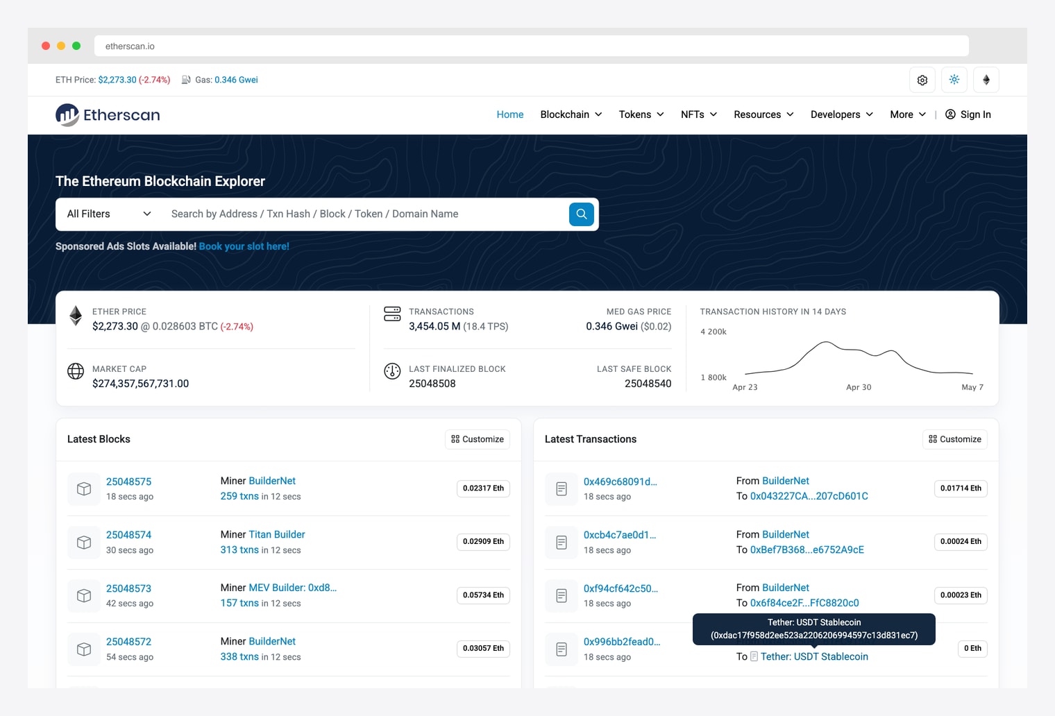 Etherscan — Ethereum blockchain explorer dashboard with ETH price, gas price, transactions per second, latest blocks, and latest transactions