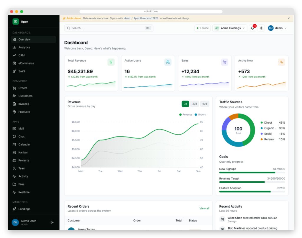 Apex Dashboard — Django Edition: production-ready Django 6 admin template with Tailwind CSS v4, HTMX 2, and Alpine.js