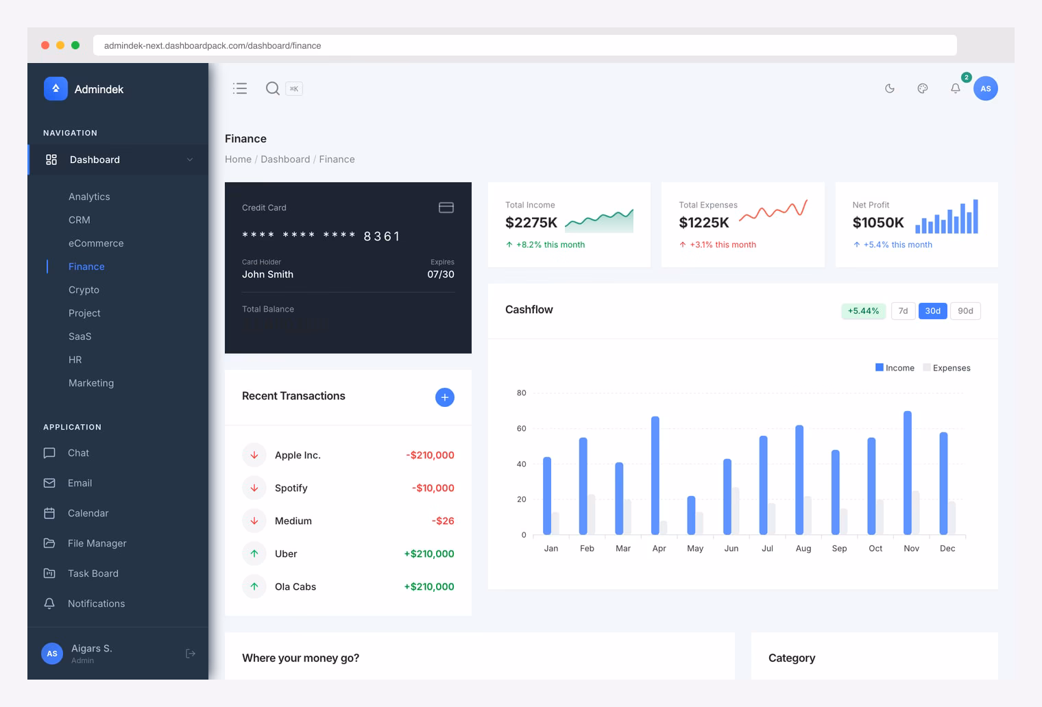 Admindek Finance (DashboardPack) — premium Next.js finance dashboard with credit card preview, Cashflow chart, and recent transactions