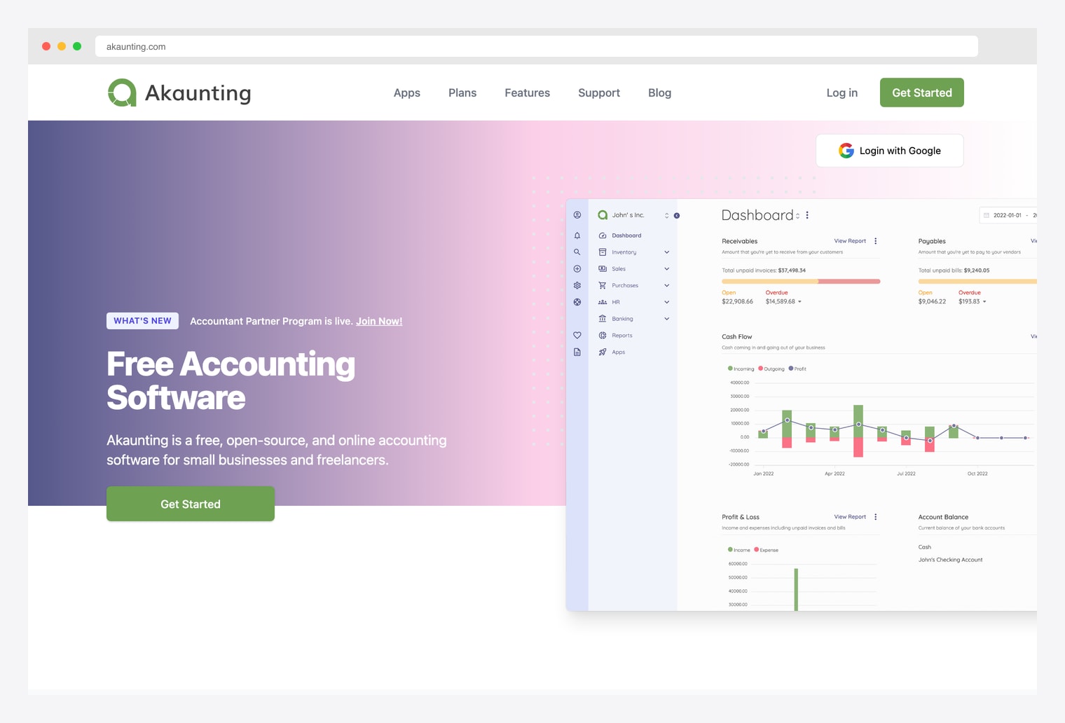 Akaunting — open-source online accounting software for small businesses with Receivables, Payables, Cash Flow, and Profit & Loss dashboards