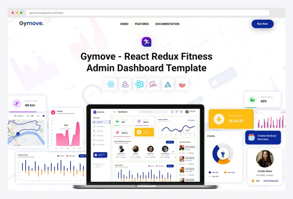 Gymove React Redux Fitness Admin Dashboard by DexignZone — demo landing page with hero showing the Gymove brand mark, React Redux Fitness Admin Dashboard Template tagline, Demo / Features / Documentation nav, Buy Now CTA, and a MacBook frame previewing the dashboard with KPI cards, revenue area chart, customer-map bar chart, and trending menus list