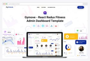 Gymove React Redux Fitness Admin Dashboard by DexignZone — demo landing page with hero showing the Gymove brand mark, React Redux Fitness Admin Dashboard Template tagline, Demo / Features / Documentation nav, Buy Now CTA, and a MacBook frame previewing the dashboard with KPI cards, revenue area chart, customer-map bar chart, and trending menus list