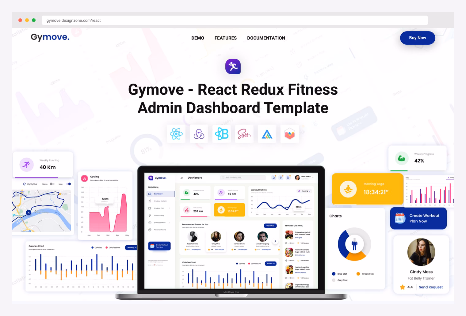 Gymove React Redux Fitness Admin Dashboard by DexignZone — demo landing page with hero showing the Gymove brand mark, React Redux Fitness Admin Dashboard Template tagline, Demo / Features / Documentation nav, Buy Now CTA, and a MacBook frame previewing the dashboard with KPI cards, revenue area chart, customer-map bar chart, and trending menus list