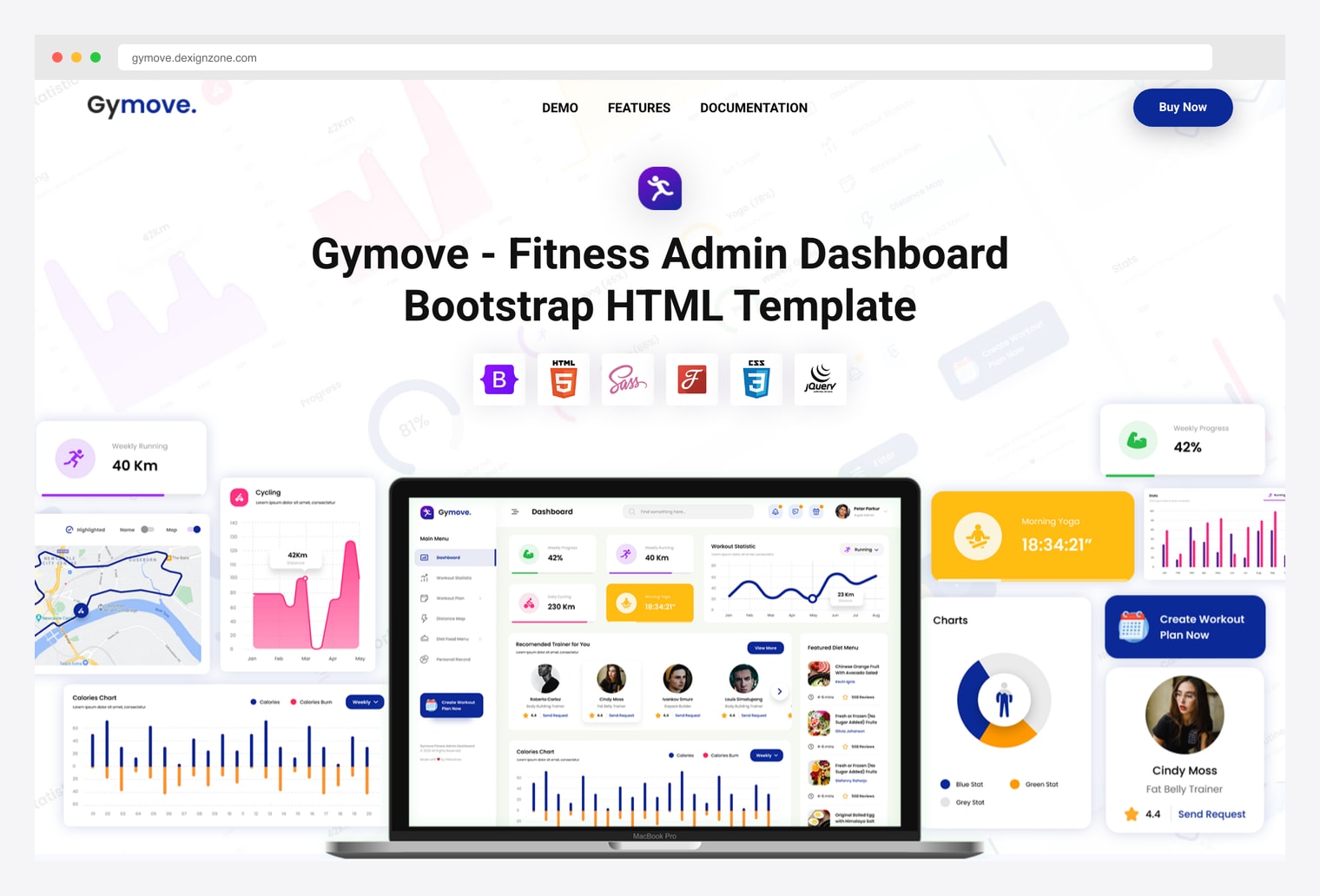 Gymove Fitness Admin Dashboard HTML variant by DexignZone — Bootstrap 5 + jQuery demo landing page showing the same React-variant feature set in the HTML stack with KPI cards, revenue charts, member-map visualizations, and class schedule widgets