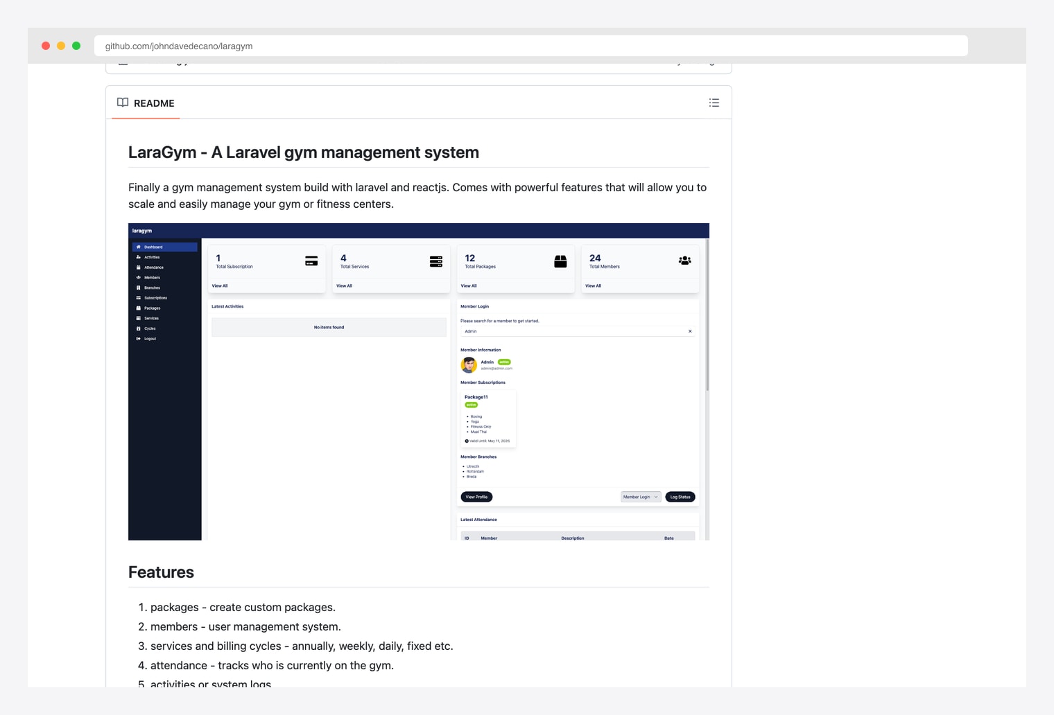 Laragym by johndavedecano — Laravel and ReactJS gym management system, GitHub README describing powerful features for scaling and managing gym or fitness centers including member CRUD, class scheduling, payments, and reports