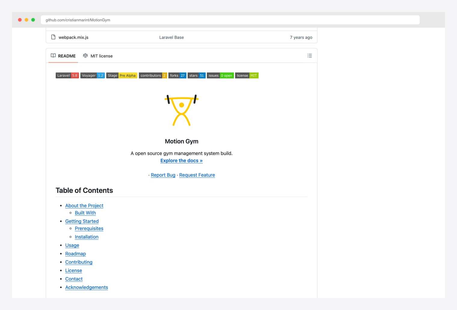 MotionGym by cristianmarint — open source gym management system built with Laravel 5.8 and Voyager 1.2 admin panel, GitHub README documenting member management, payment tracking, class scheduling, and Voyager-powered admin interface