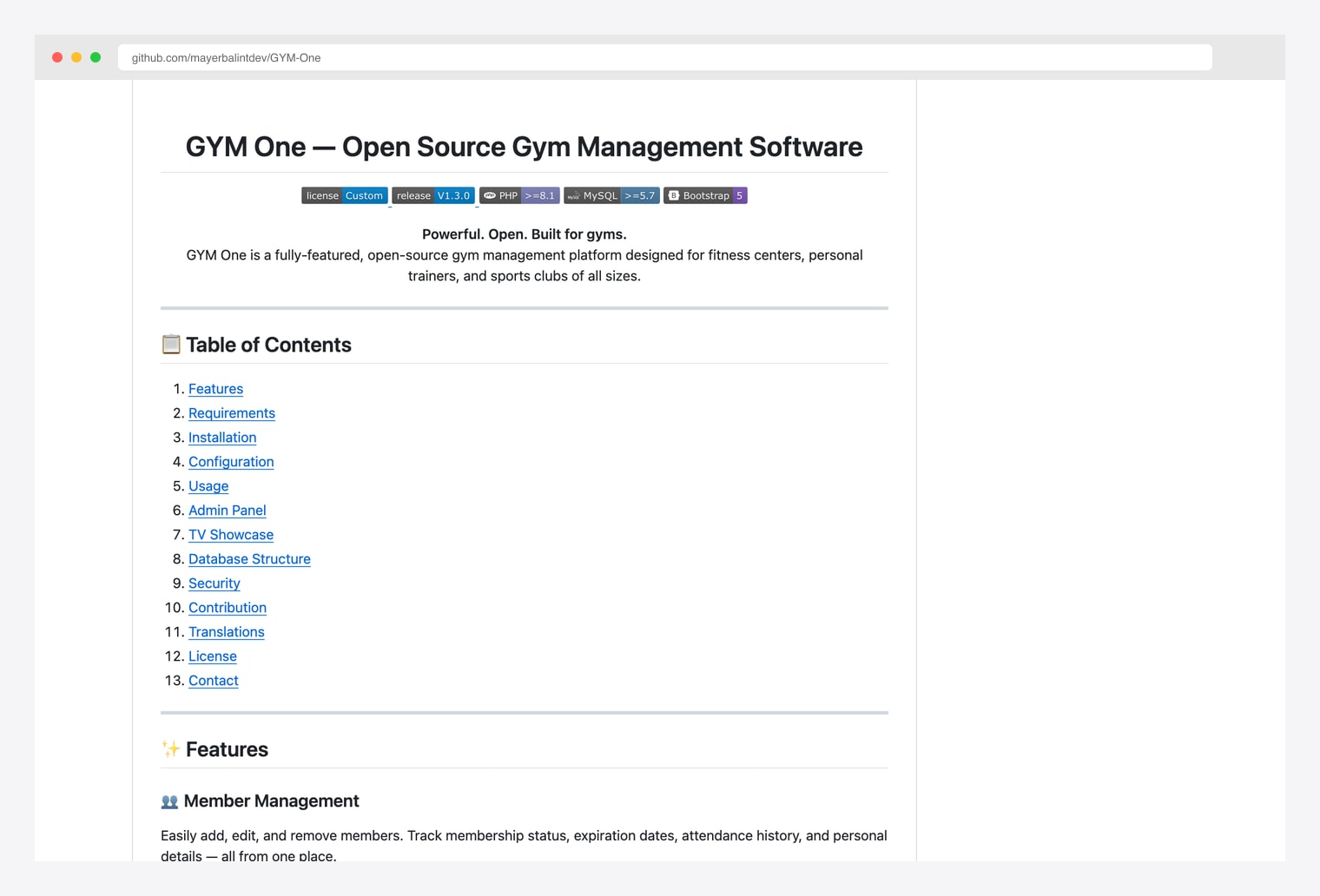 GYM One by mayerbalintdev — fully-featured open-source gym management platform designed for fitness centers, personal trainers, and sports clubs, GitHub README documenting PHP 8.1+ stack requirements, member management, scheduling, and class management features