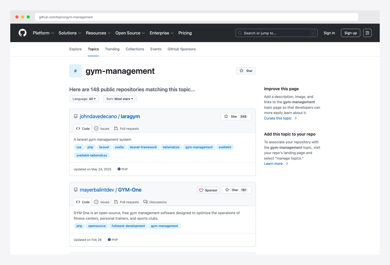 GitHub topic gym-management — directory of public open-source gym management repositories tagged gym-management, showing the wider ecosystem of free gym admin / member management / class scheduling systems beyond the picks above