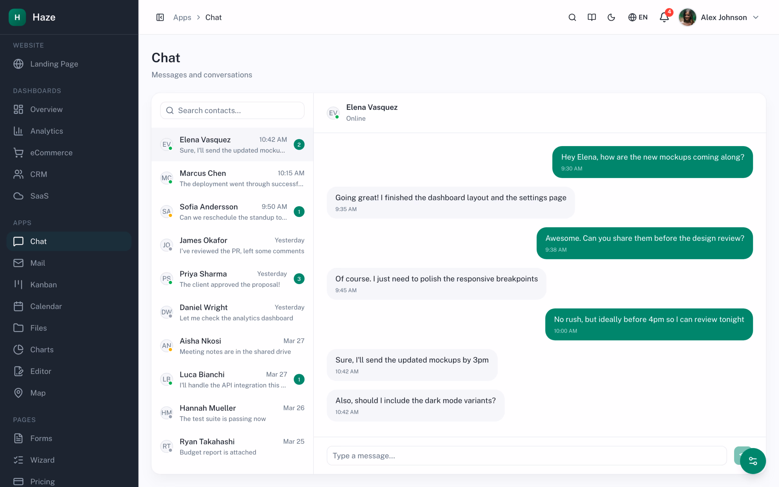 Haze Dashboard chat application with conversation list, message thread, and contact details panel on Next.js 16 + shadcn/ui