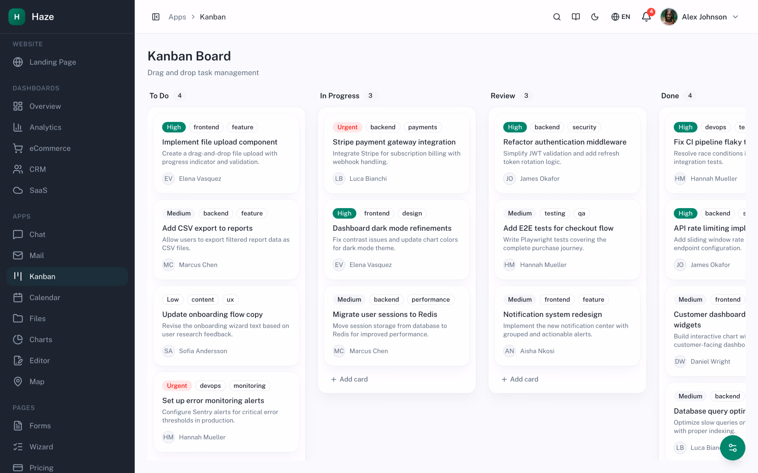 Haze Dashboard kanban board with drag-and-drop columns showing task cards built on shadcn/ui and @dnd-kit