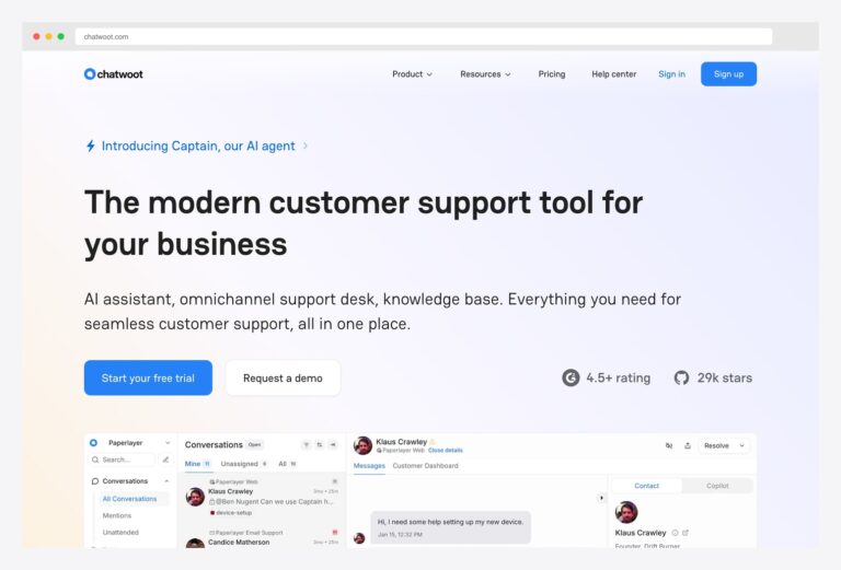 Chatwoot — open-source customer engagement suite homepage with hero positioning as self-hostable Intercom and Zendesk alternative, omnichannel shared inbox for live chat / email / WhatsApp / Facebook / Instagram / Telegram / SMS, 28k+ GitHub stars, multi-agent conversations, and AI-powered Captain assistant for ticket triage