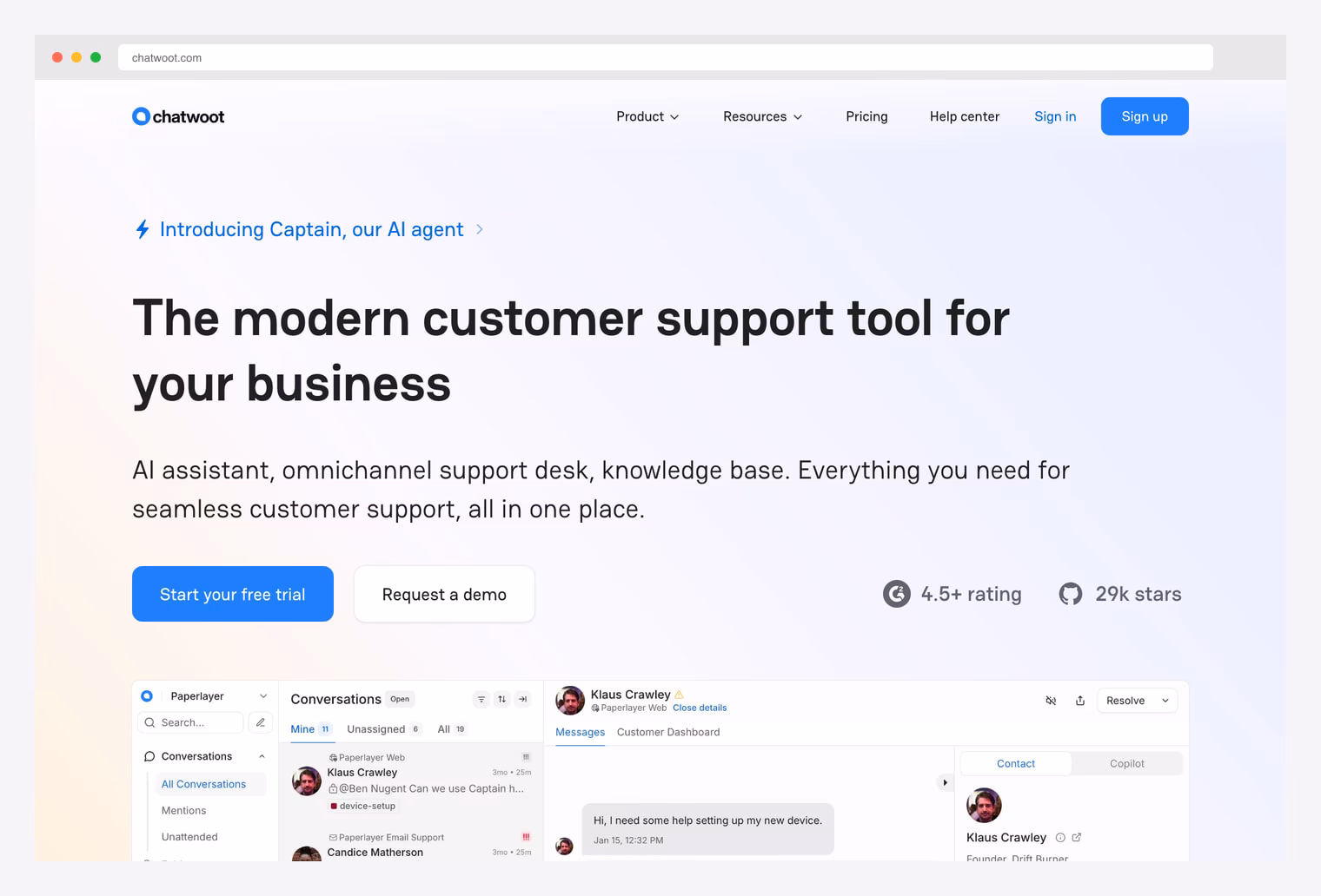 Chatwoot — open-source customer engagement suite homepage with hero positioning as self-hostable Intercom and Zendesk alternative, omnichannel shared inbox for live chat / email / WhatsApp / Facebook / Instagram / Telegram / SMS, 28k+ GitHub stars, multi-agent conversations, and AI-powered Captain assistant for ticket triage