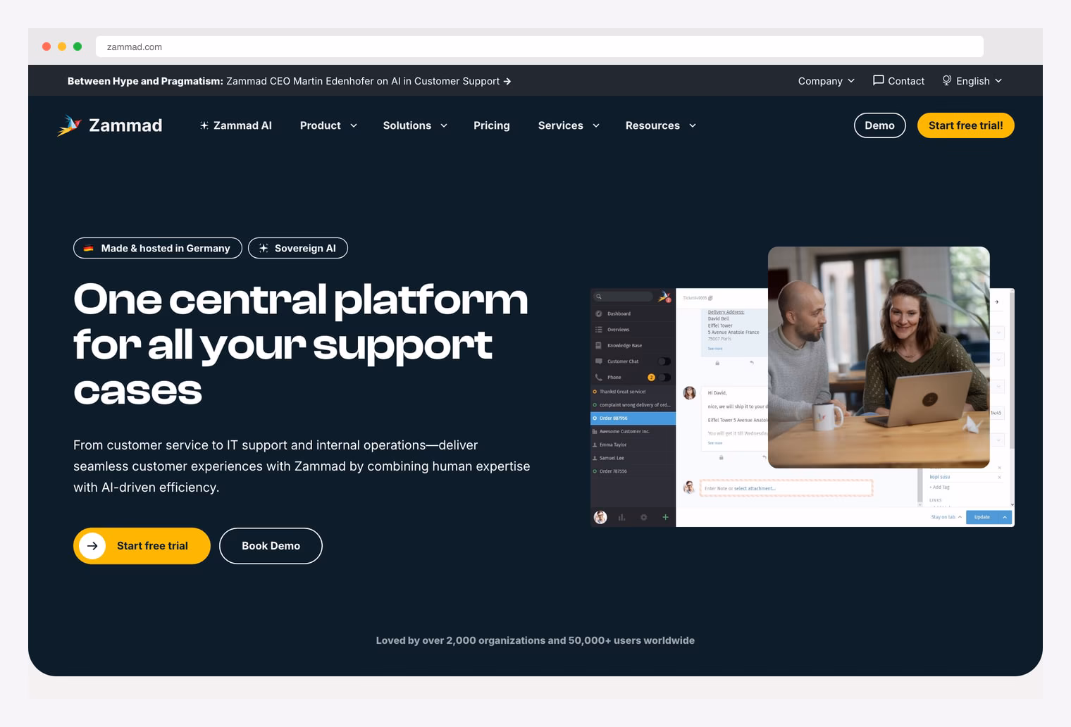 Zammad — open-source helpdesk and customer support system homepage with hero showing the modern responsive interface, multi-channel inbox covering email / phone / Twitter / Facebook / Telegram / WhatsApp / SMS, ITIL-aligned ticketing workflows, time accounting, knowledge base, and SLA management