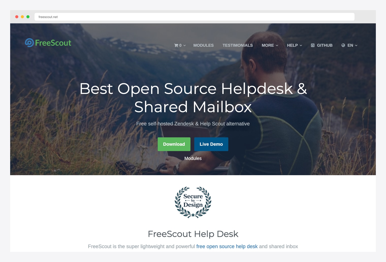 FreeScout — lightweight free self-hosted help desk and shared inbox homepage with hero positioning as a Help Scout alternative, running on 1-2 GB RAM modest server infrastructure, email-based ticketing, mobile app, and a free Community Edition versus paid Modules add-on marketplace