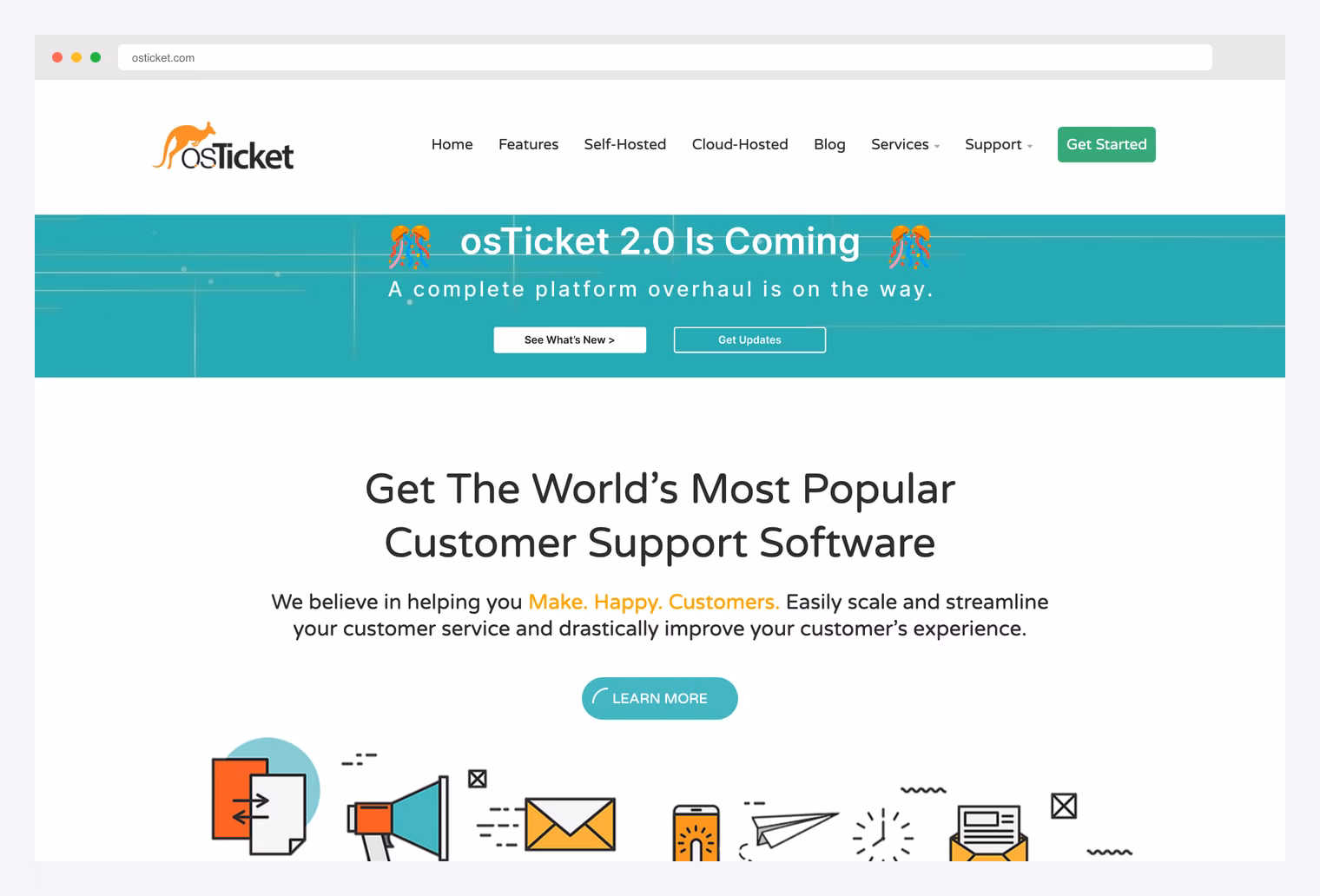 osTicket — open-source support ticket system homepage with hero positioning as widely-used help desk with custom fields, ticket filters, agent collaboration, knowledge base, customer portal, and first GitHub release in 2013 making it one of the longest-running open-source support platforms
