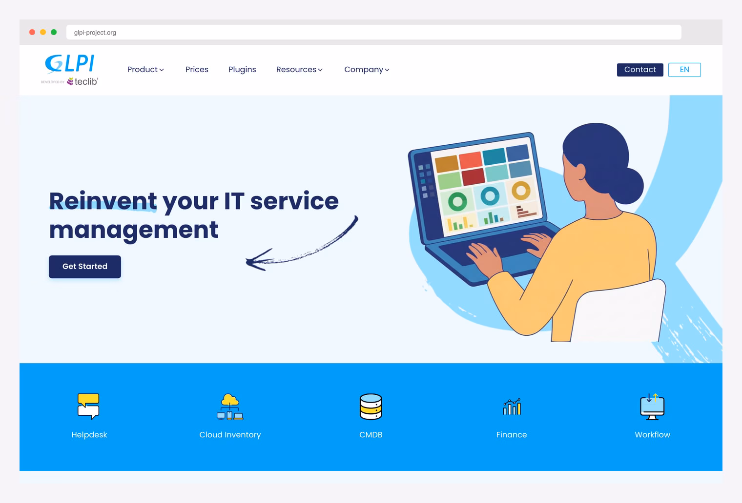 GLPI Project — open-source IT asset management and helpdesk system homepage with hero showing the integrated approach to incident / problem / change management alongside inventory tracking for IT hardware, software licenses, and contracts, popular in European MSP and IT department deployments
