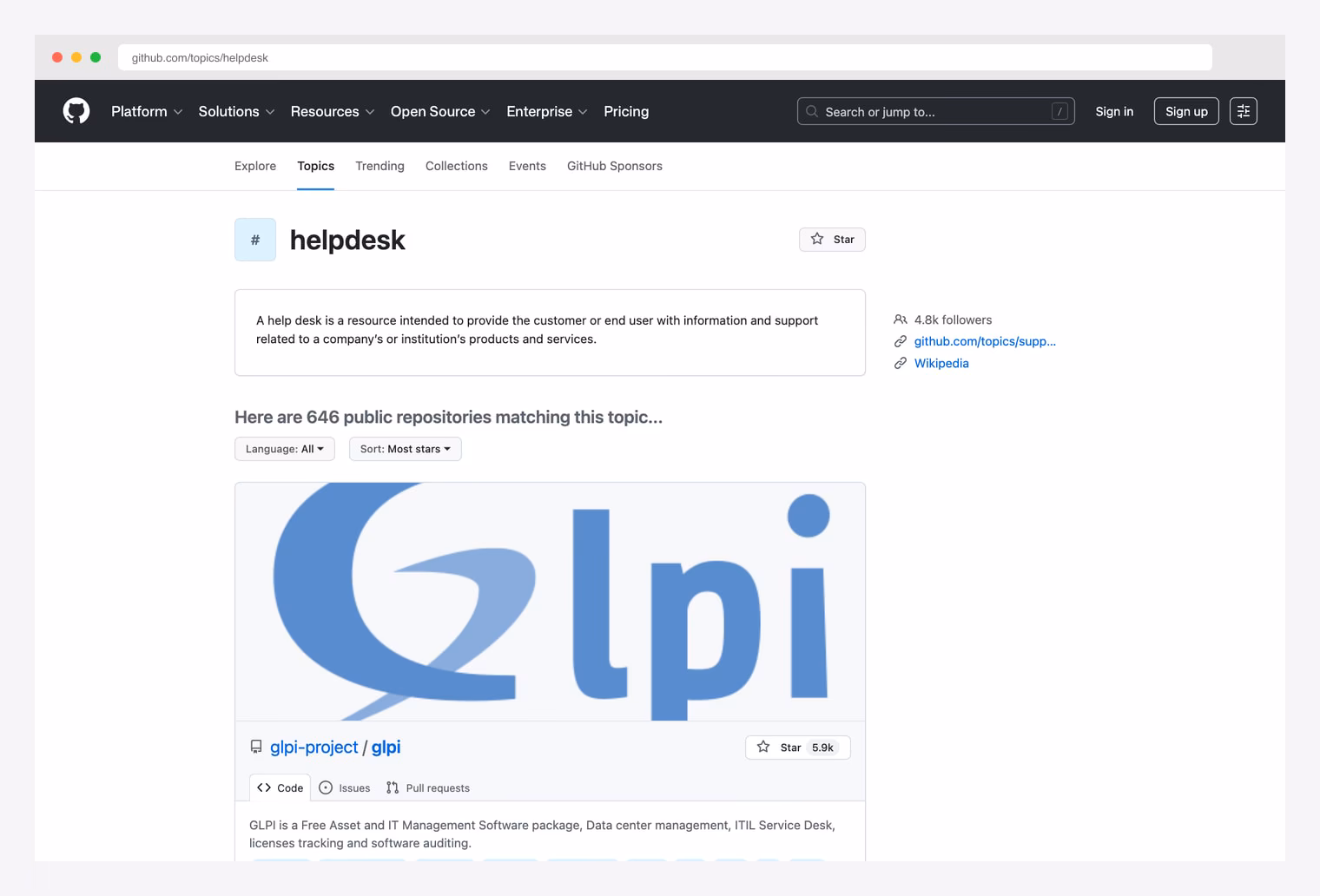 GitHub topic helpdesk — directory of public open-source helpdesk repositories tagged helpdesk, showing the wider ecosystem of free support ticketing tools, shared inboxes, and customer service platforms beyond the picks above