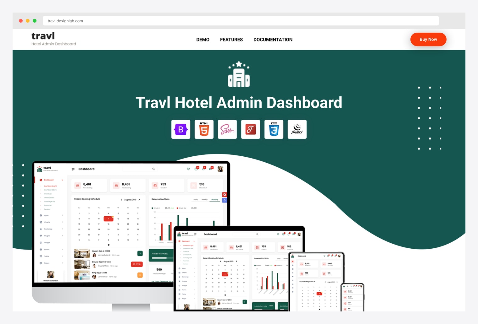 Travl Hotel Admin Dashboard (DexignLab) — premium Bootstrap 5 + jQuery + Sass hotel admin landing page showing the Recent Booking Schedule calendar, Reservation Stats chart, and multi-device responsive previews on desktop / tablet / mobile