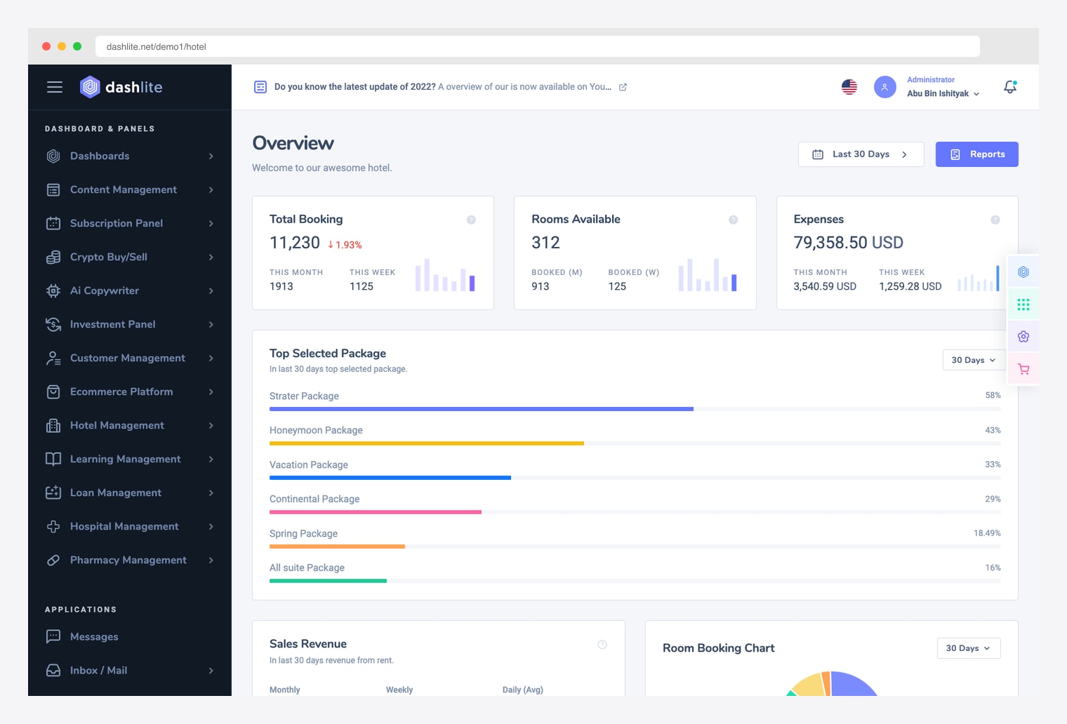 DashLite Hotel Management Dashboard (Softnio) — premium Bootstrap admin with Total Booking, Rooms Available, and Expenses cards, Top Selected Package horizontal bars (Strater / Honeymoon / Vacation / Continental / Spring / All suite), Sales Revenue widget, and Room Booking Chart