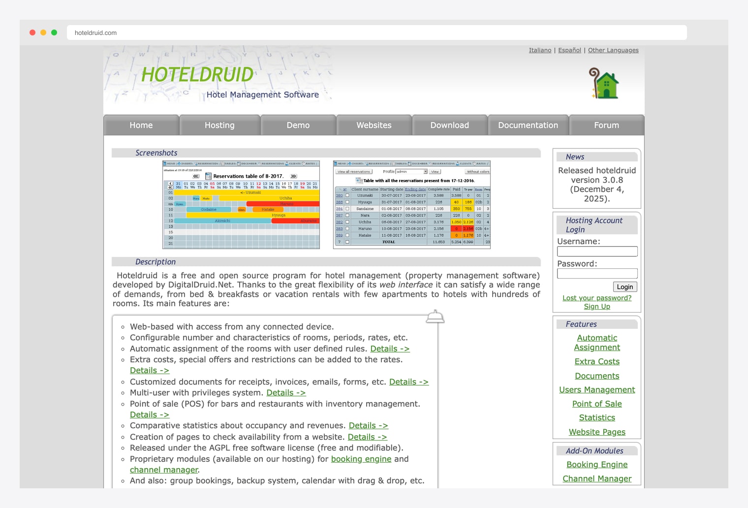 HotelDruid — open-source hotel management software (free, AGPL) showing the project homepage with embedded screenshots of the Reservations table by month, room status colour grid, and a feature list including automatic room assignment, multi-user access, customised documents, and POS for bars and restaurants