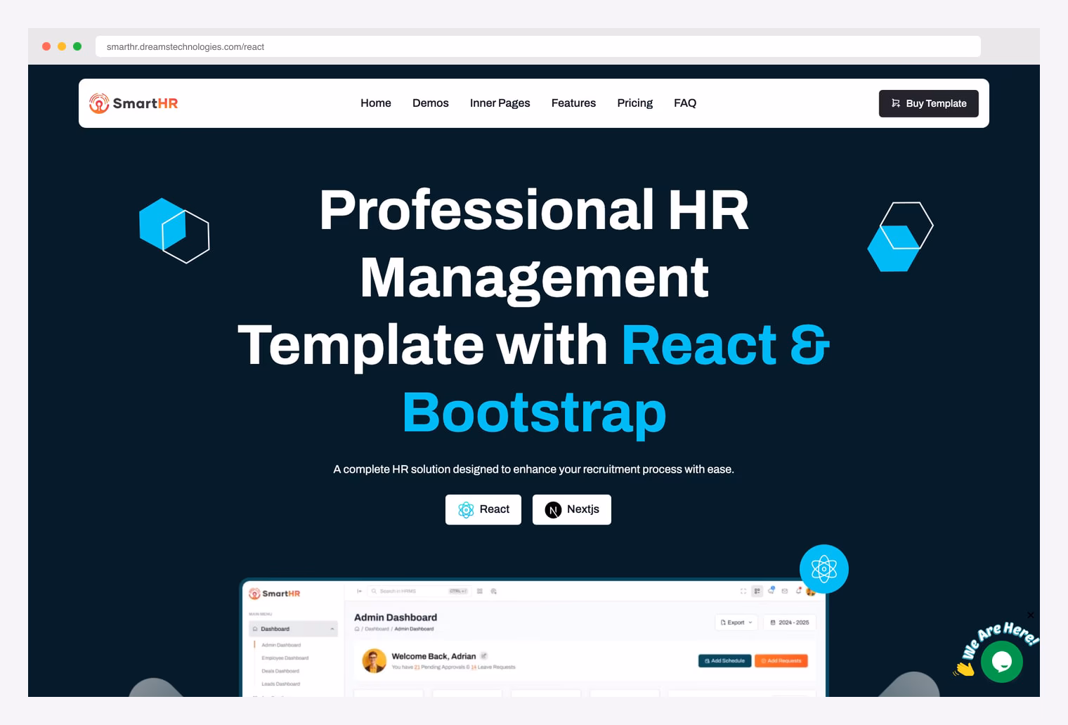 SmartHR React HR Management Template — premium React + Next.js HR dashboard