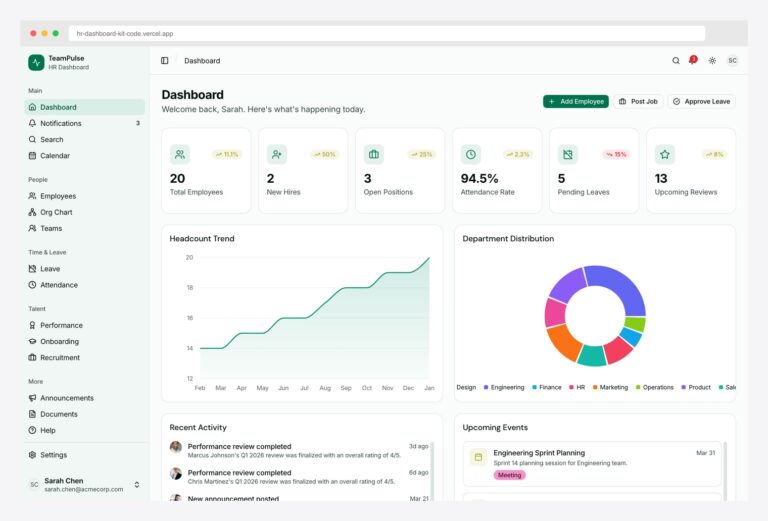 TheFrontKit HR Dashboard — Next.js 16 + shadcn/ui HR template with 37 production-ready screens