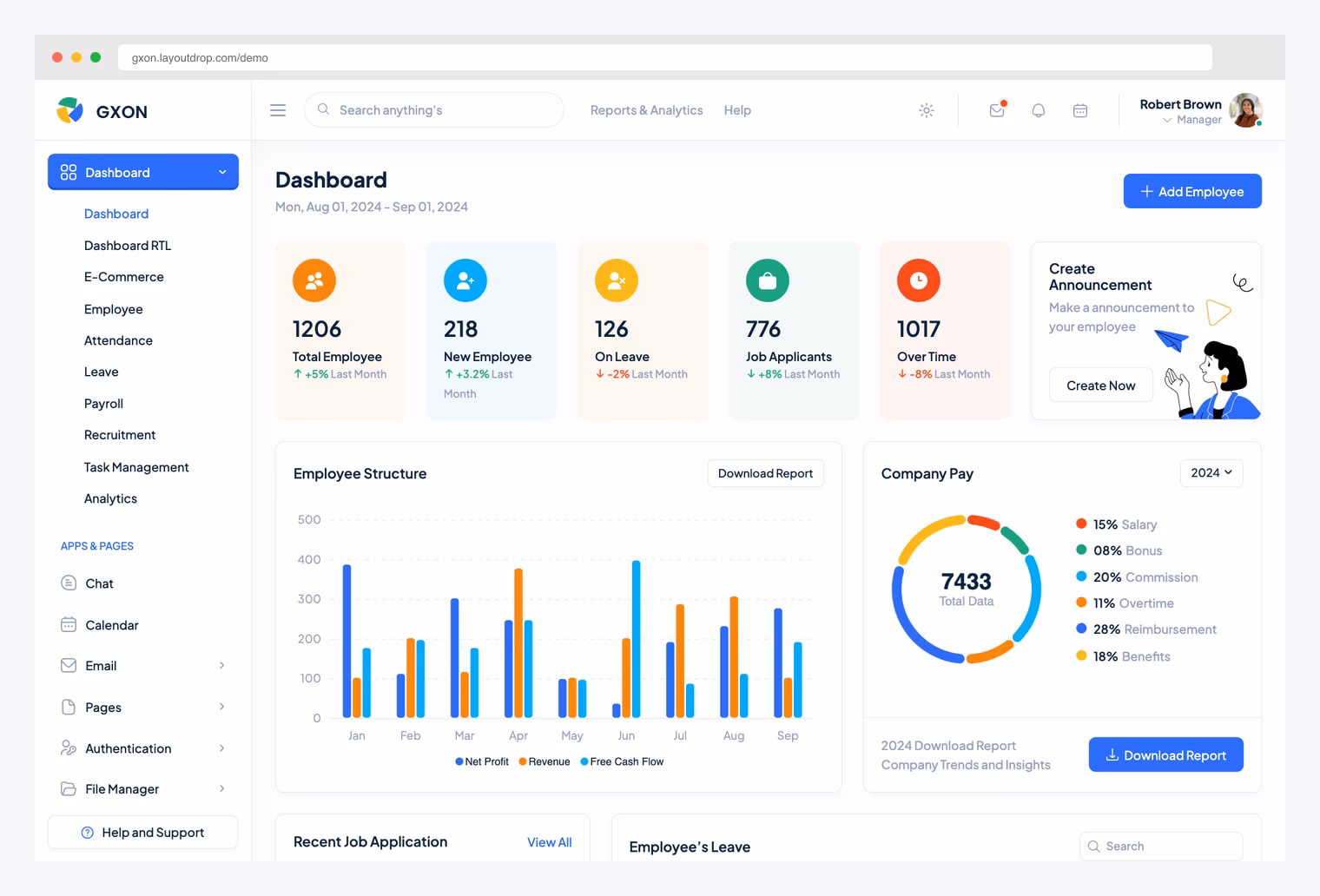 GXON HR Management Bootstrap admin — modern HR dashboard with payroll and attendance