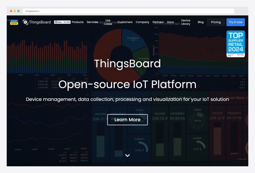 ThingsBoard — open-source IoT platform homepage with hero showing the Open-source IoT Platform tagline (Device management, data collection, processing and visualization for your IoT solution), GitHub star counter, top nav linking Products / Services / Use Cases / Customers / Company / Partners / Docs / Device Library / Blog / Pricing, Try it now CTA, and a dark dashboard preview behind the hero displaying voltage, frequency, and power telemetry across multiple smart meters in a donut breakdown and area chart