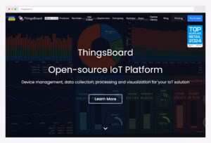 ThingsBoard — open-source IoT platform homepage with hero showing the Open-source IoT Platform tagline (Device management, data collection, processing and visualization for your IoT solution), GitHub star counter, top nav linking Products / Services / Use Cases / Customers / Company / Partners / Docs / Device Library / Blog / Pricing, Try it now CTA, and a dark dashboard preview behind the hero displaying voltage, frequency, and power telemetry across multiple smart meters in a donut breakdown and area chart