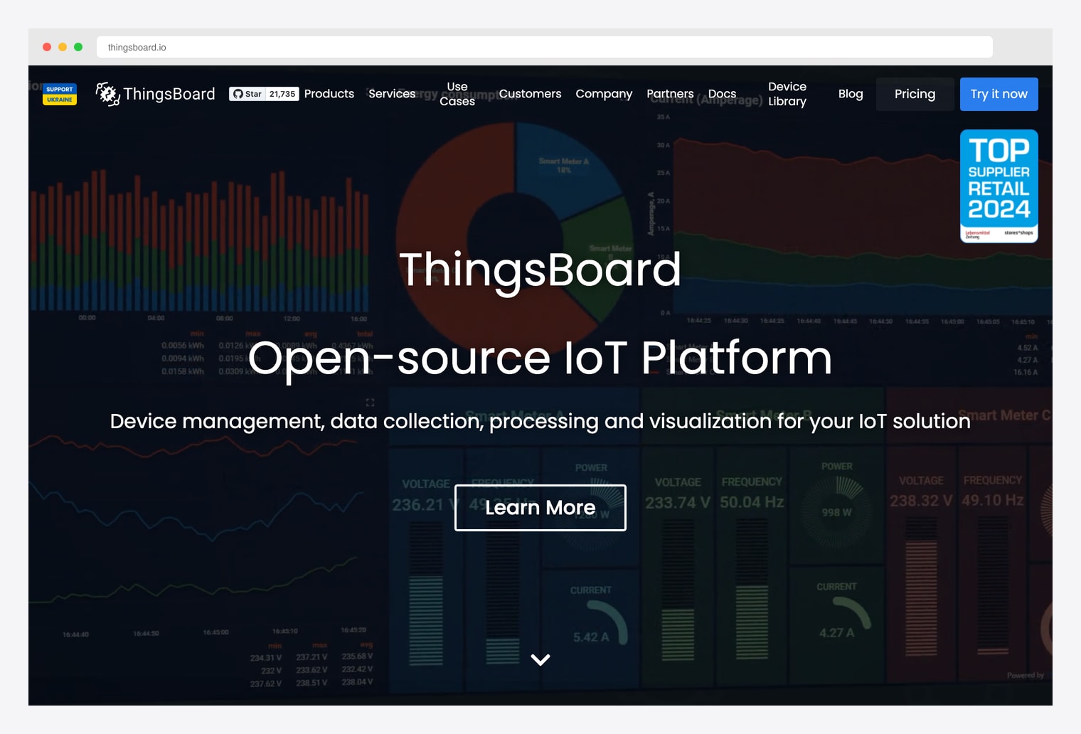 ThingsBoard — open-source IoT platform homepage with hero showing the Open-source IoT Platform tagline (Device management, data collection, processing and visualization for your IoT solution), GitHub star counter, top nav linking Products / Services / Use Cases / Customers / Company / Partners / Docs / Device Library / Blog / Pricing, Try it now CTA, and a dark dashboard preview behind the hero displaying voltage, frequency, and power telemetry across multiple smart meters in a donut breakdown and area chart