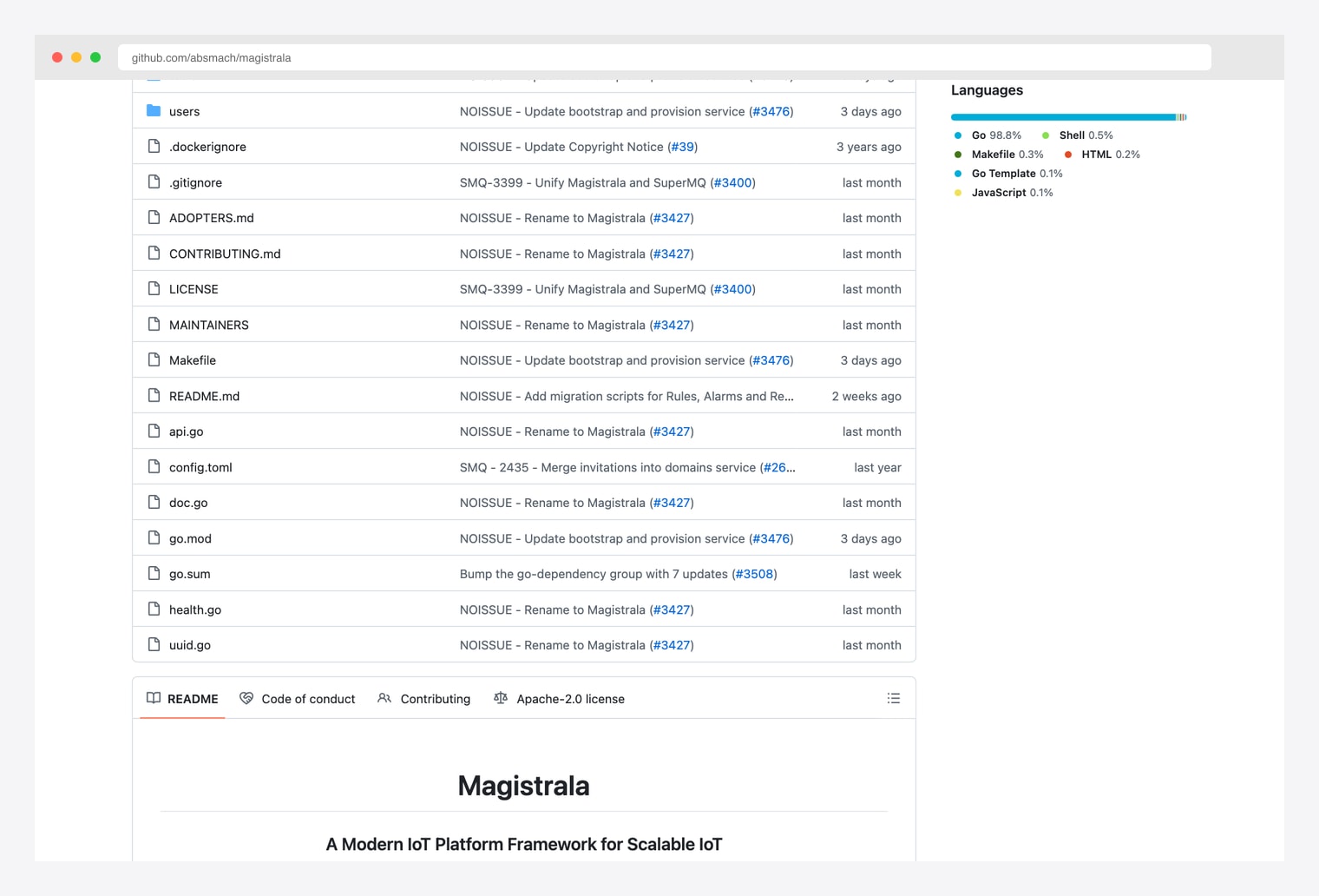 Magistrala by absmach (formerly Mainflux) — Linux Foundation-recognized open-source patent-free IoT platform, GitHub README documenting microservices architecture containerized with Docker and orchestrated by Kubernetes, with messaging, identity, and secure device connectivity primitives for assembling production IoT platforms