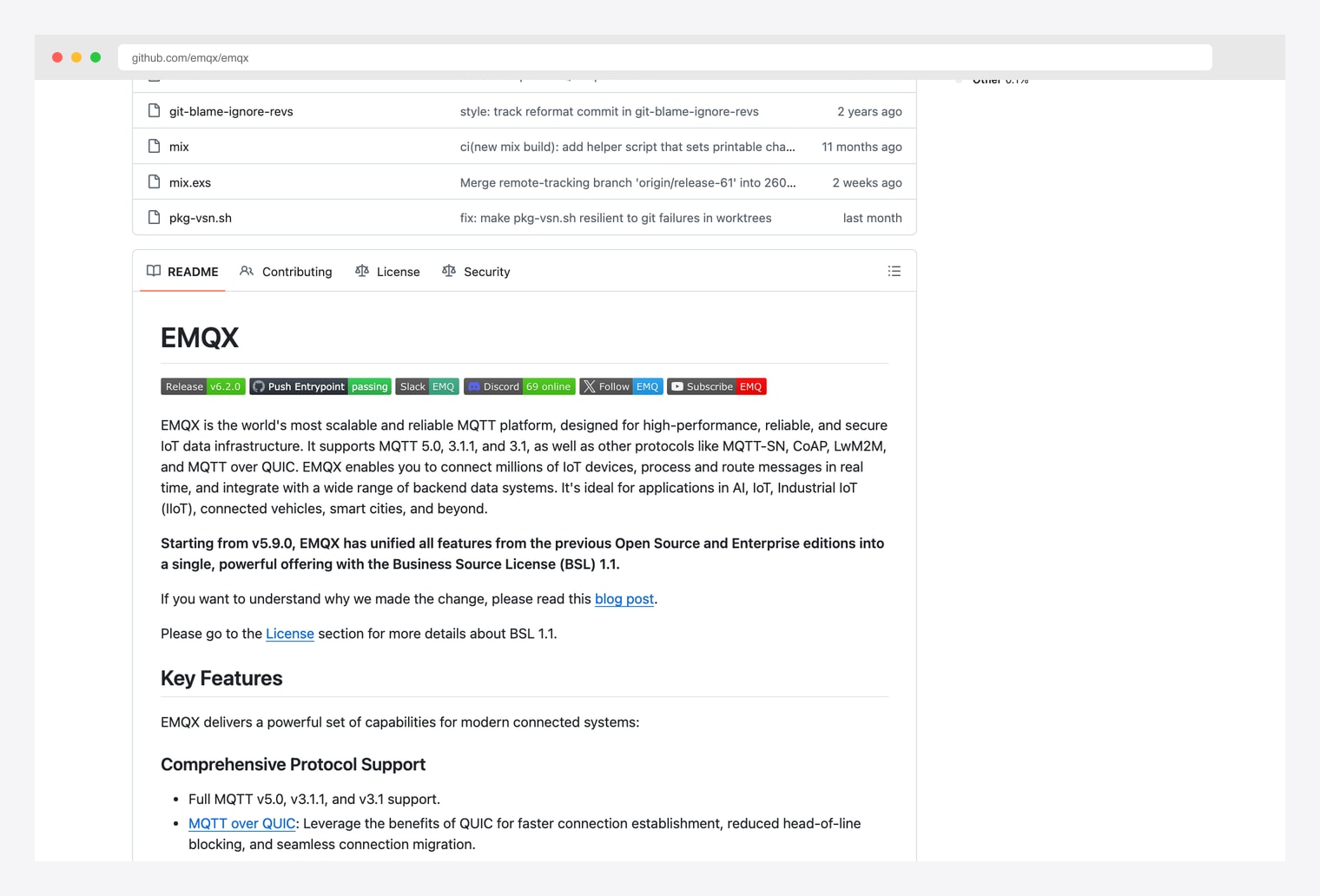 EMQX by emqx — open-source distributed MQTT broker for IoT messaging, GitHub README documenting MQTT 5.0 protocol support, clustering for million-device scale, rule engine, multi-tenancy, and connector ecosystem for downstream integrations