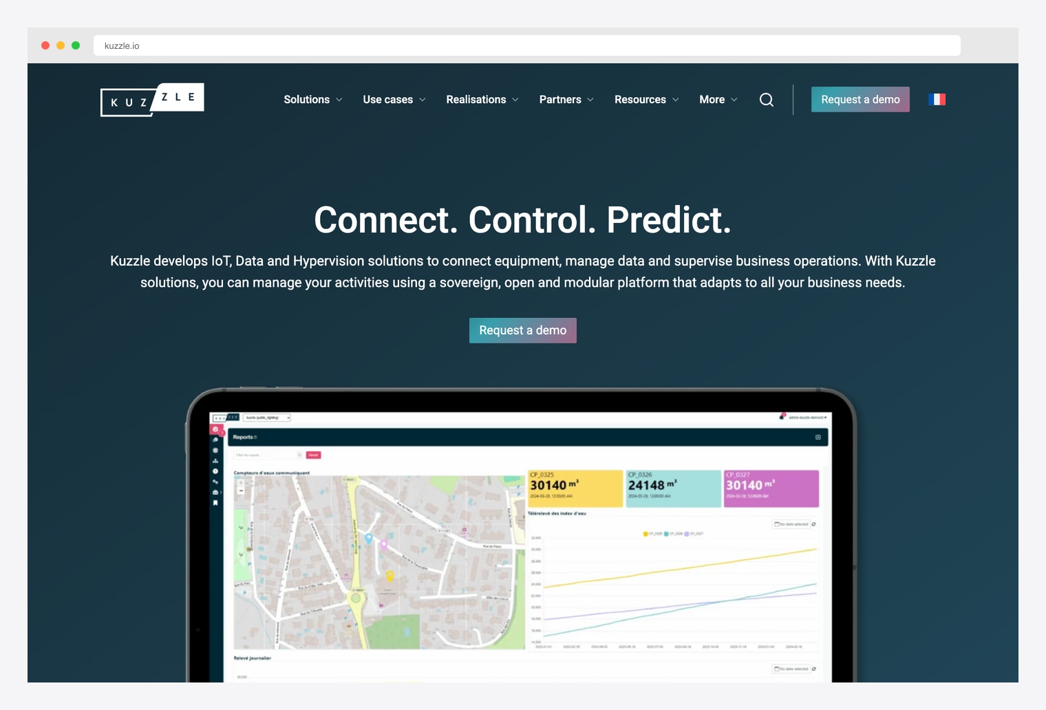 Kuzzle — open-source backend providing IoT-ready APIs, real-time pub/sub, search, and authentication on top of Elasticsearch and Redis, homepage showing the developer-focused positioning for building IoT applications without rolling your own backend
