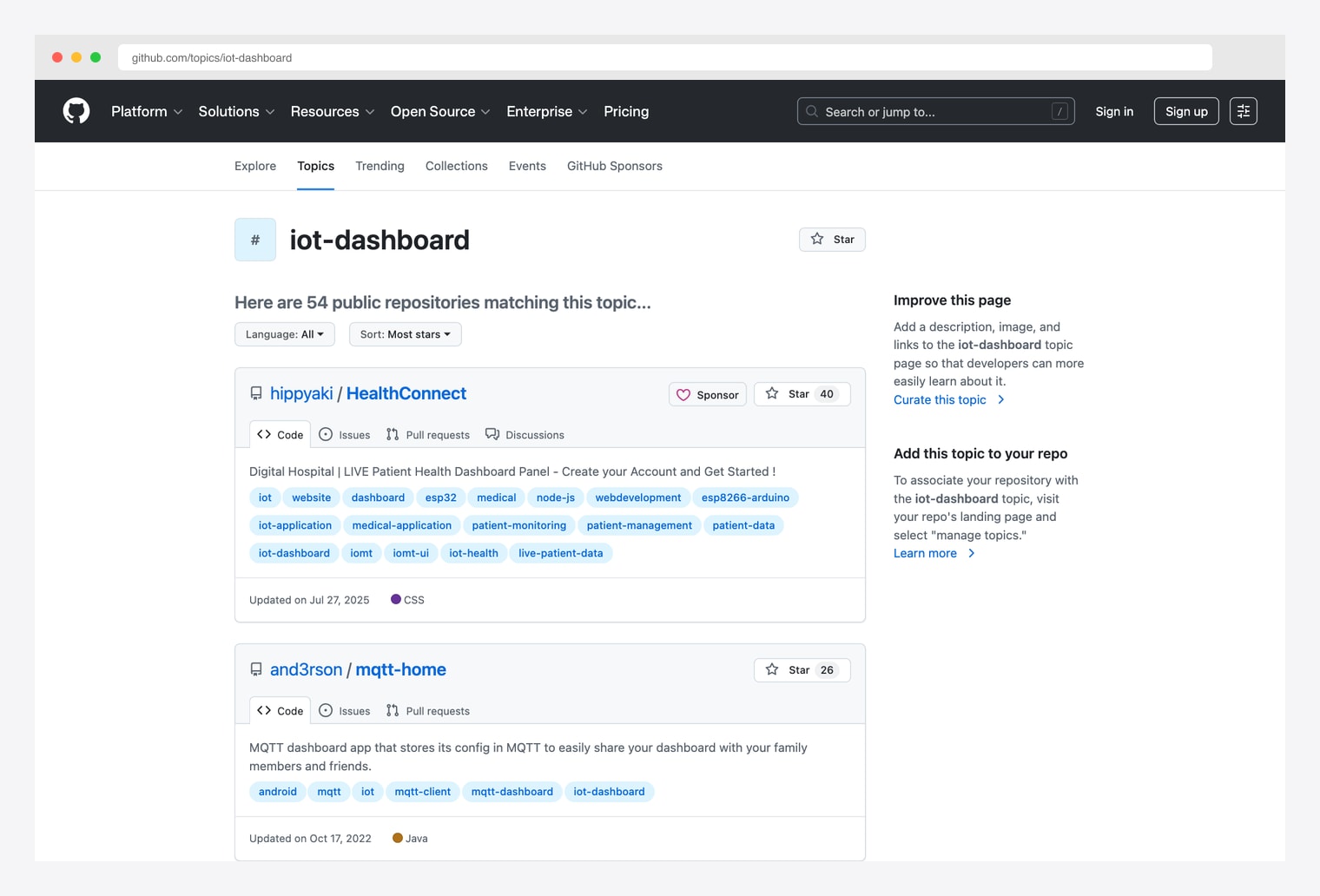 GitHub topic iot-dashboard — directory of public open-source IoT dashboard repositories tagged iot-dashboard, showing the wider ecosystem of free IoT dashboard tools, frontends, and integrations beyond the picks above