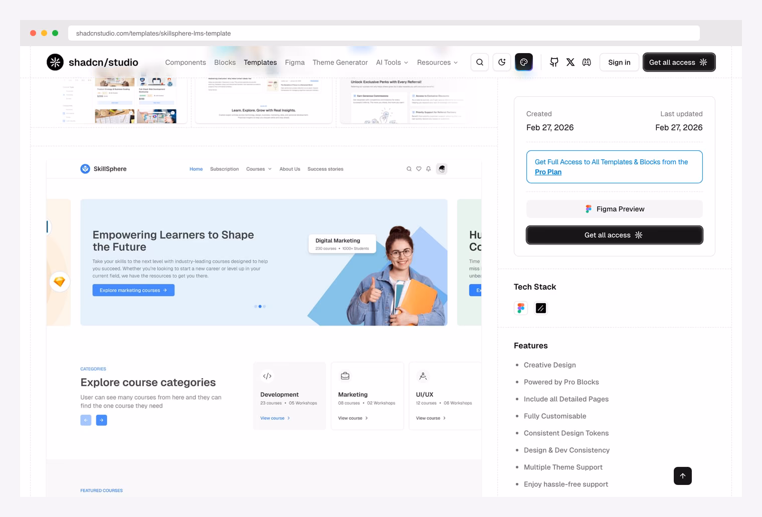ShadcnStudio SkillSphere LMS Template — premium shadcn/ui LMS landing + dashboard template with Figma kit