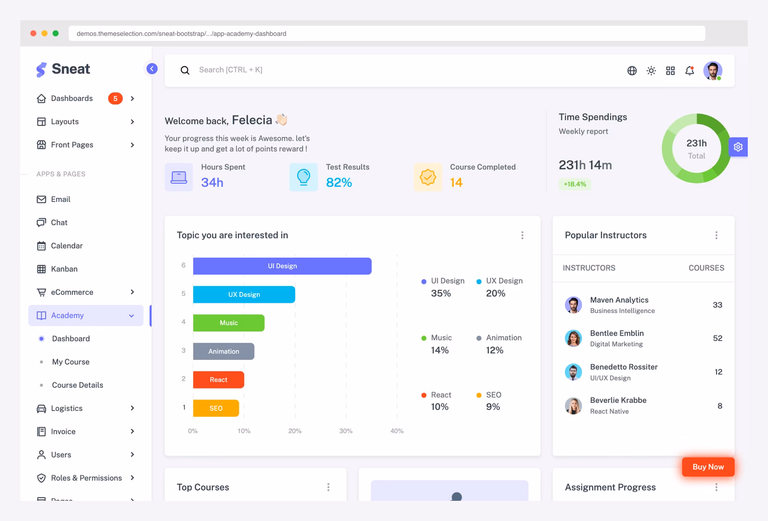 Sneat Bootstrap Academy — premium ThemeSelection LMS dashboard with Hours Spent, Test Results, Course Completed, Topic Interest, and Popular Instructors
