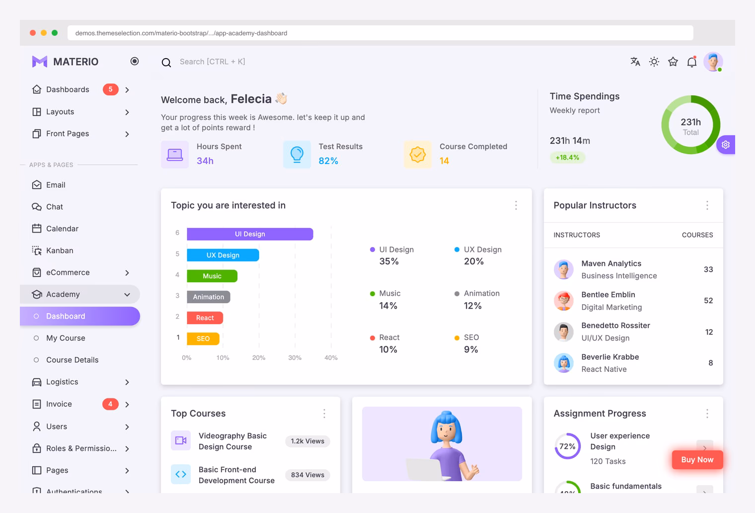 Materio Bootstrap Academy — premium ThemeSelection Material Design LMS admin with Time Spendings, Topic Interest, and Top Courses