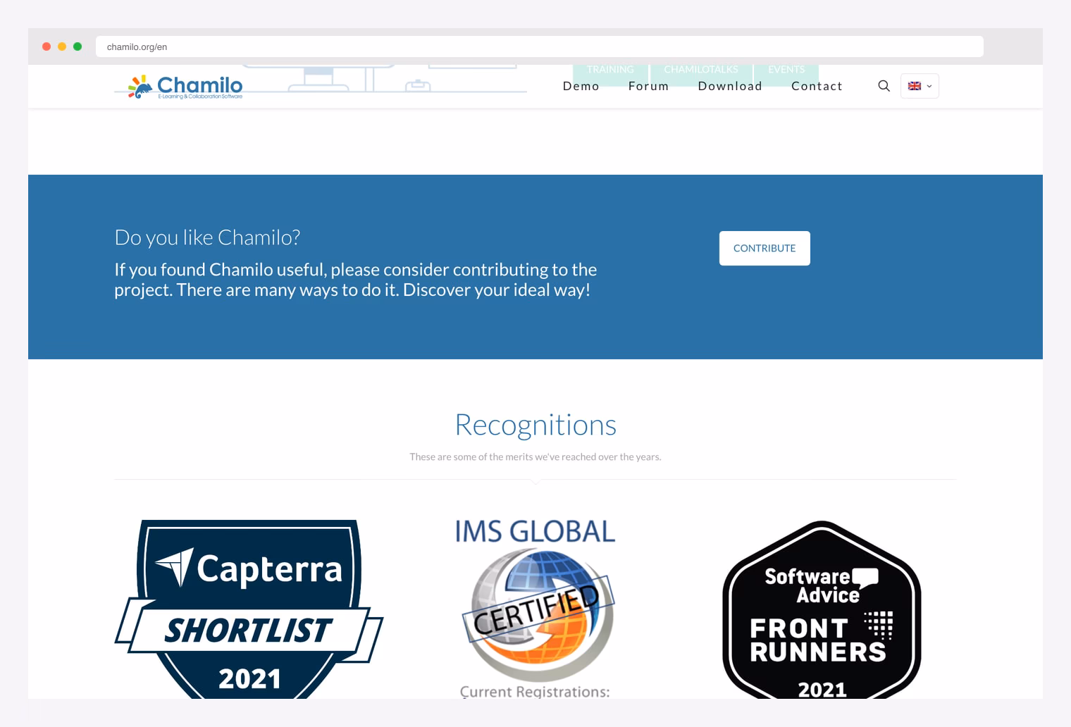 Chamilo — open-source e-learning and collaboration software, Capterra Shortlist 2021, IMS Global Certified, Software Advice Front Runners 2021