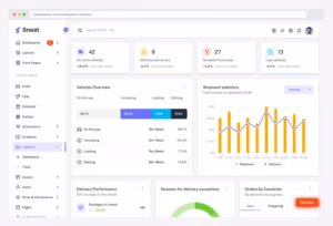 Sneat Logistics Dashboard (ThemeSelection) — premium Bootstrap 5 logistics admin with on route vehicles, vehicles with errors, deviated from route, and late vehicles stat cards, Vehicle Overview status breakdown, Shipment statistics bar + line chart, Delivery Performance, and Reasons for delivery exceptions