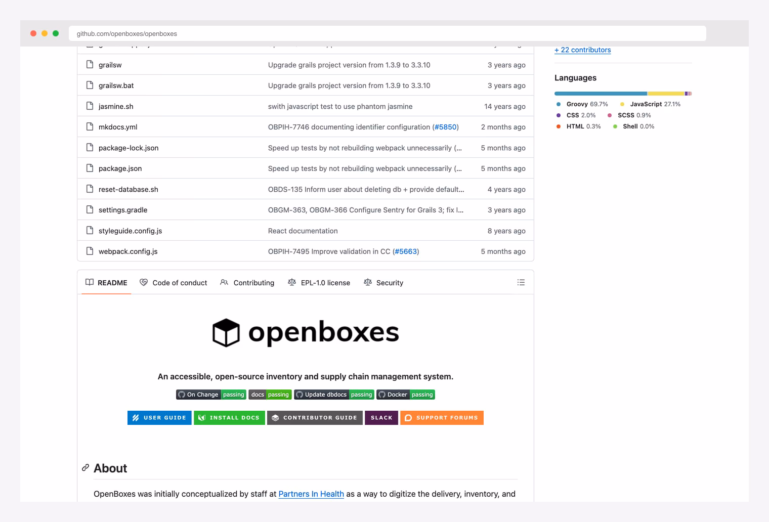 OpenBoxes — open-source inventory and supply chain management system on GitHub (Apache Groovy + Grails + JavaScript), EPL-1.0 license, with USER GUIDE / INSTALL DOCS / CONTRIBUTOR GUIDE quick links