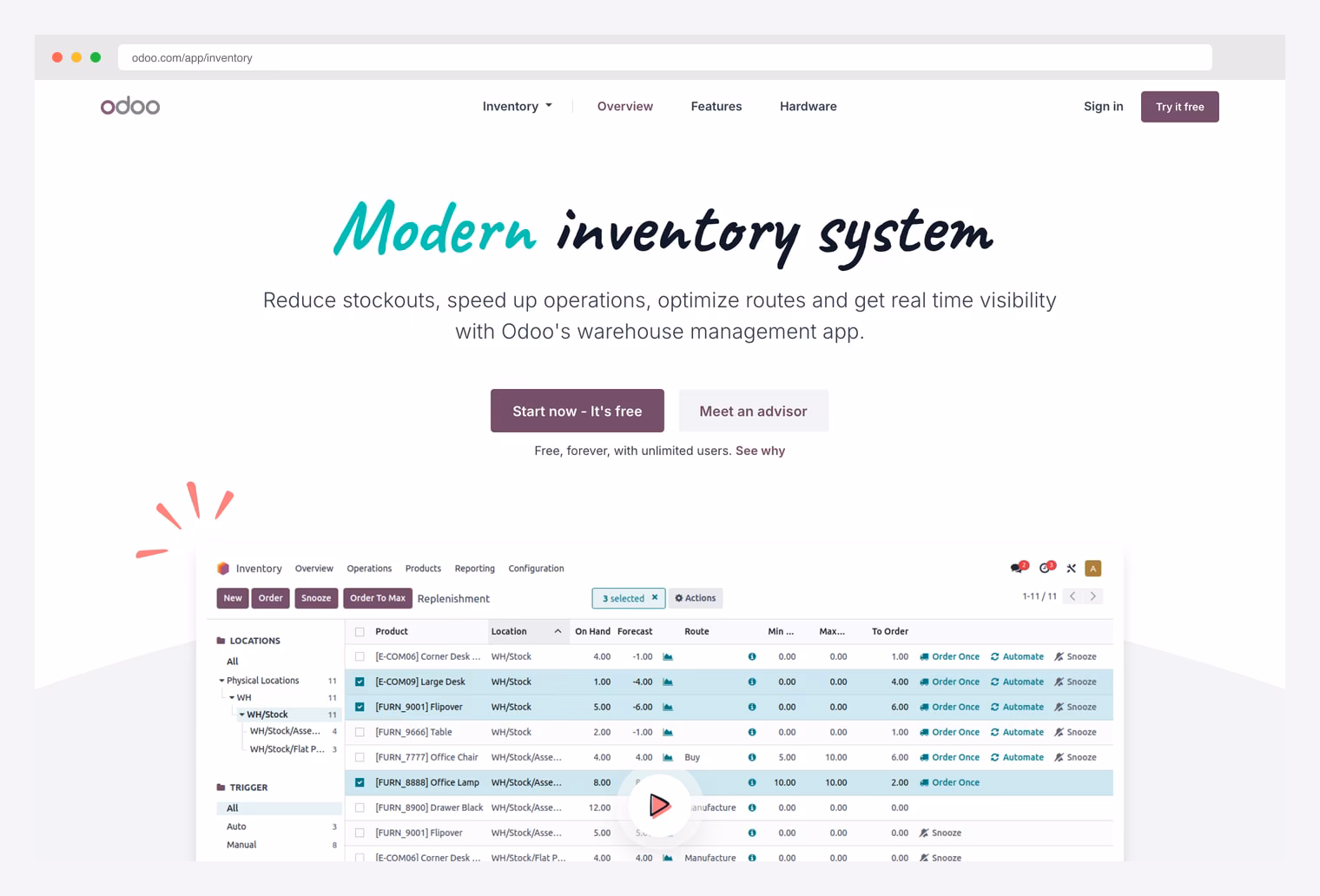Odoo Inventory — open-source warehouse management app from Odoo Community, showing the Replenishment table with Locations / Product / On Hand / Forecast / Route / Order columns, free forever with unlimited users