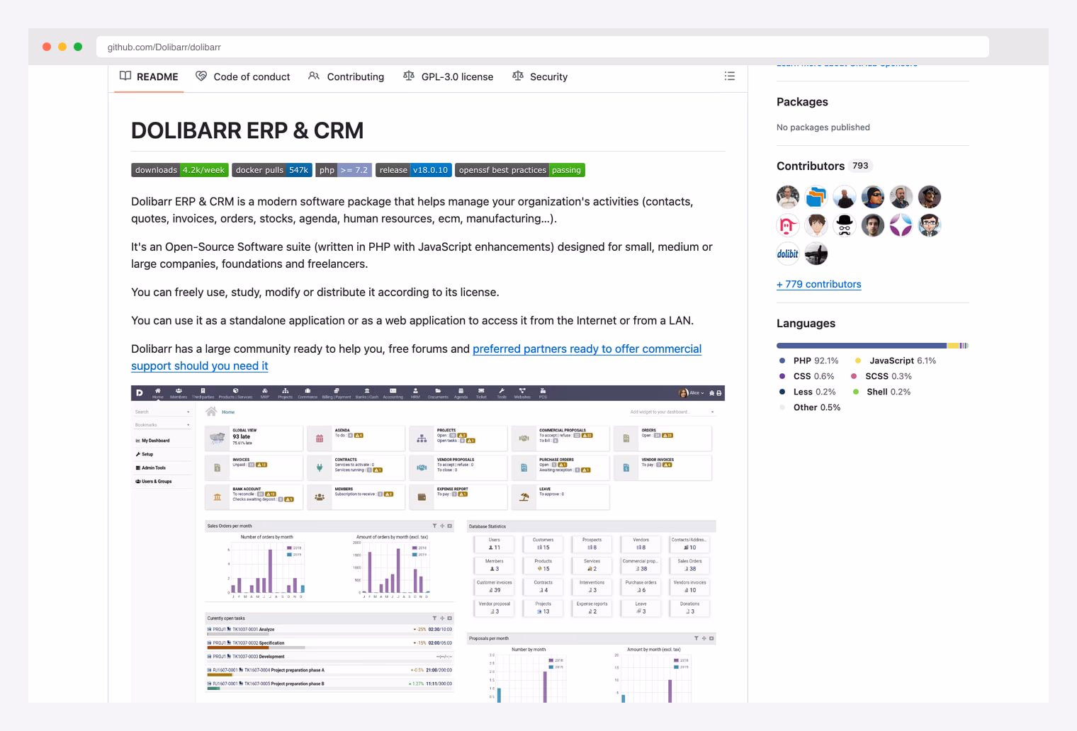Dolibarr ERP & CRM — open-source PHP business suite on GitHub, GPL-3.0, with embedded README screenshot of the Global View dashboard, Sales orders chart, and Database Statistics widget