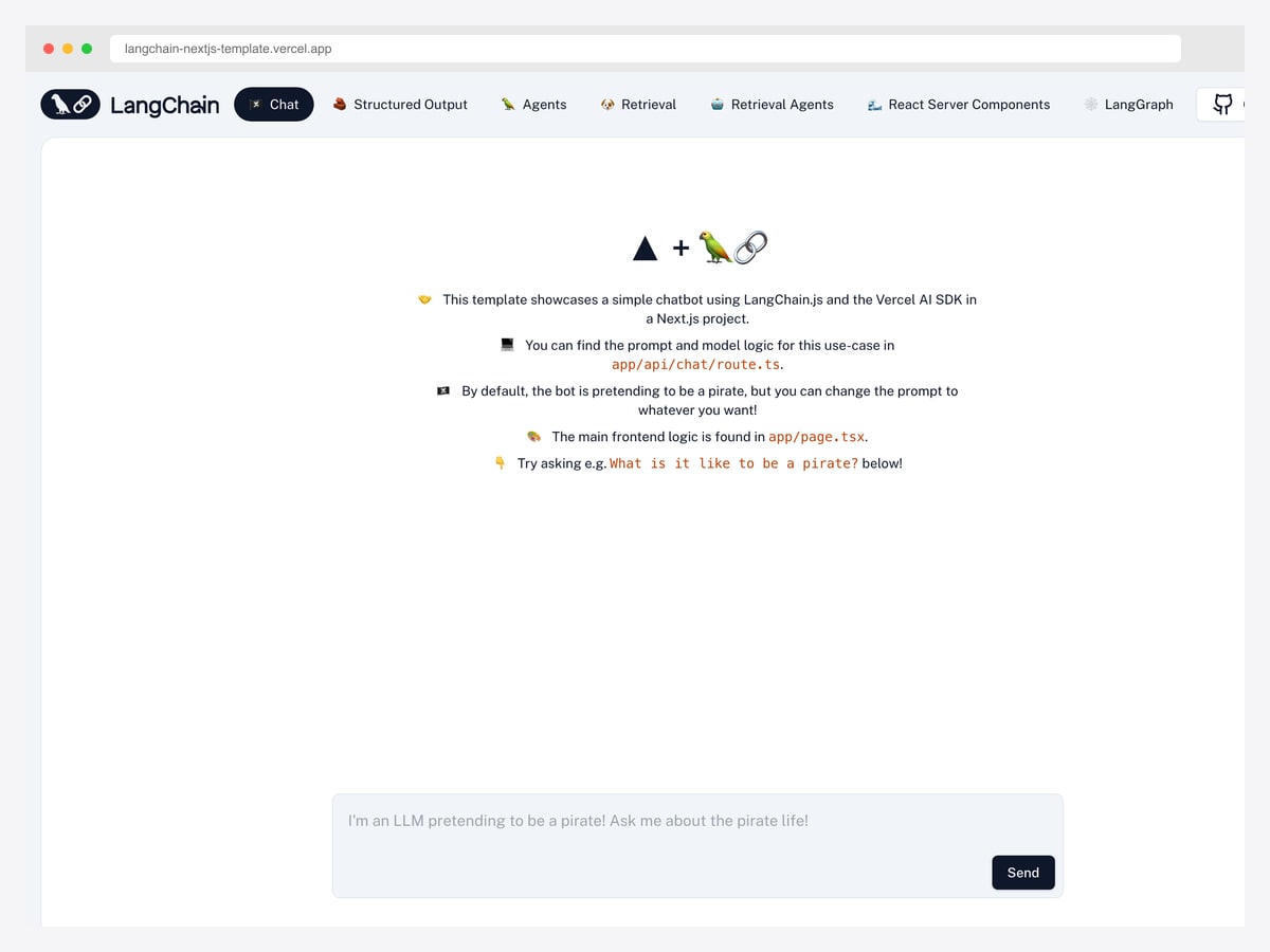 LangChain Next.js Template — 2.5k star RAG, agents, structured output template using LangChain.js