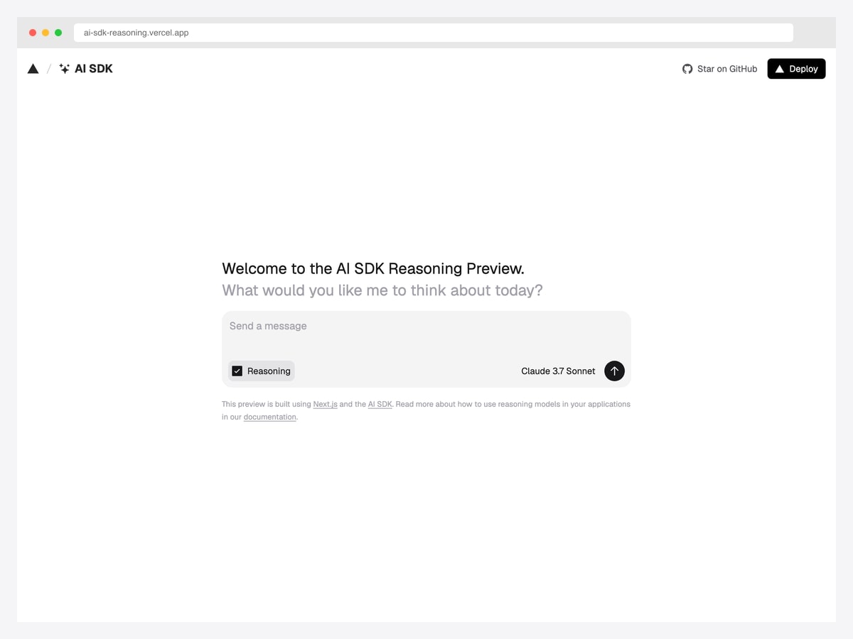 AI SDK Reasoning Starter by Vercel Labs — Next.js 15 + AI SDK chatbot starter for reasoning models