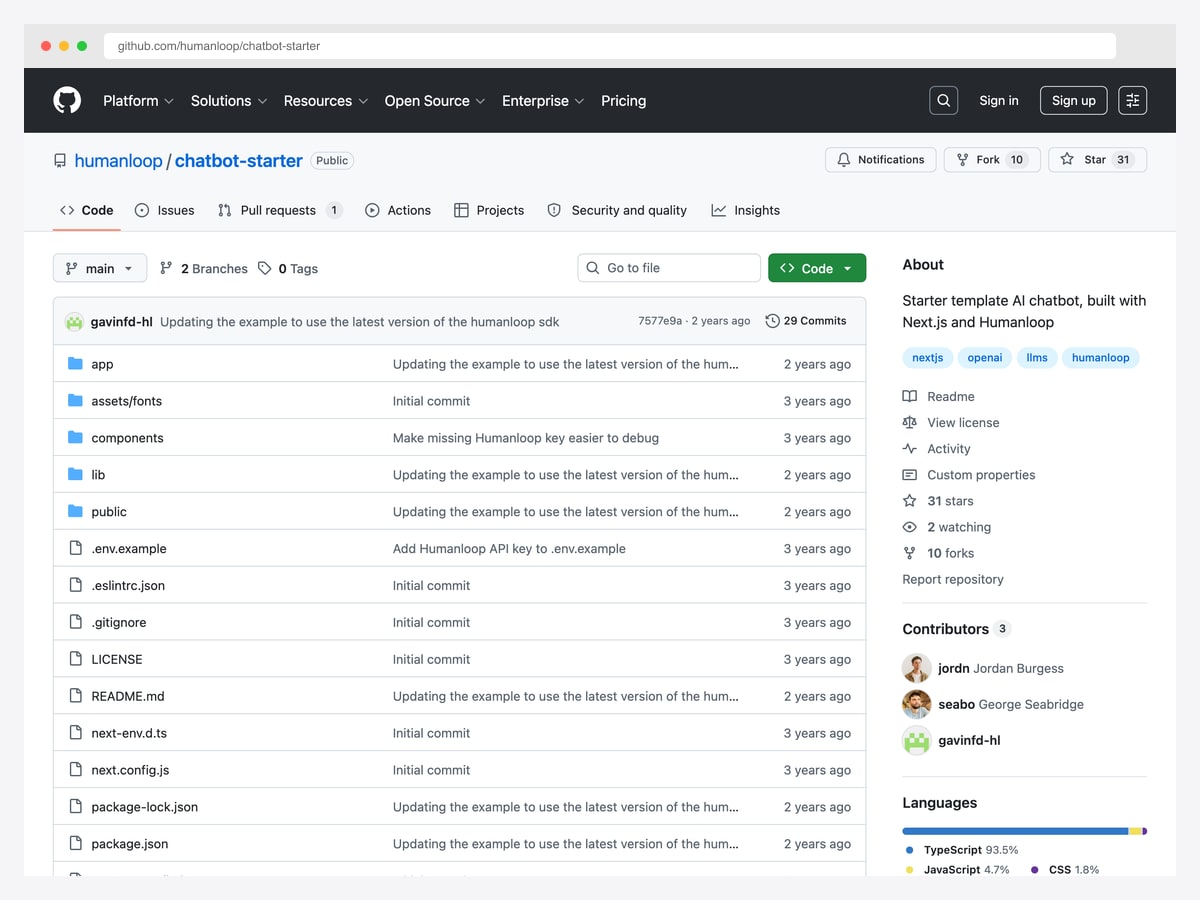 Humanloop Chatbot Starter — Next.js AI chatbot starter with Humanloop tracing, evals, and prompt management