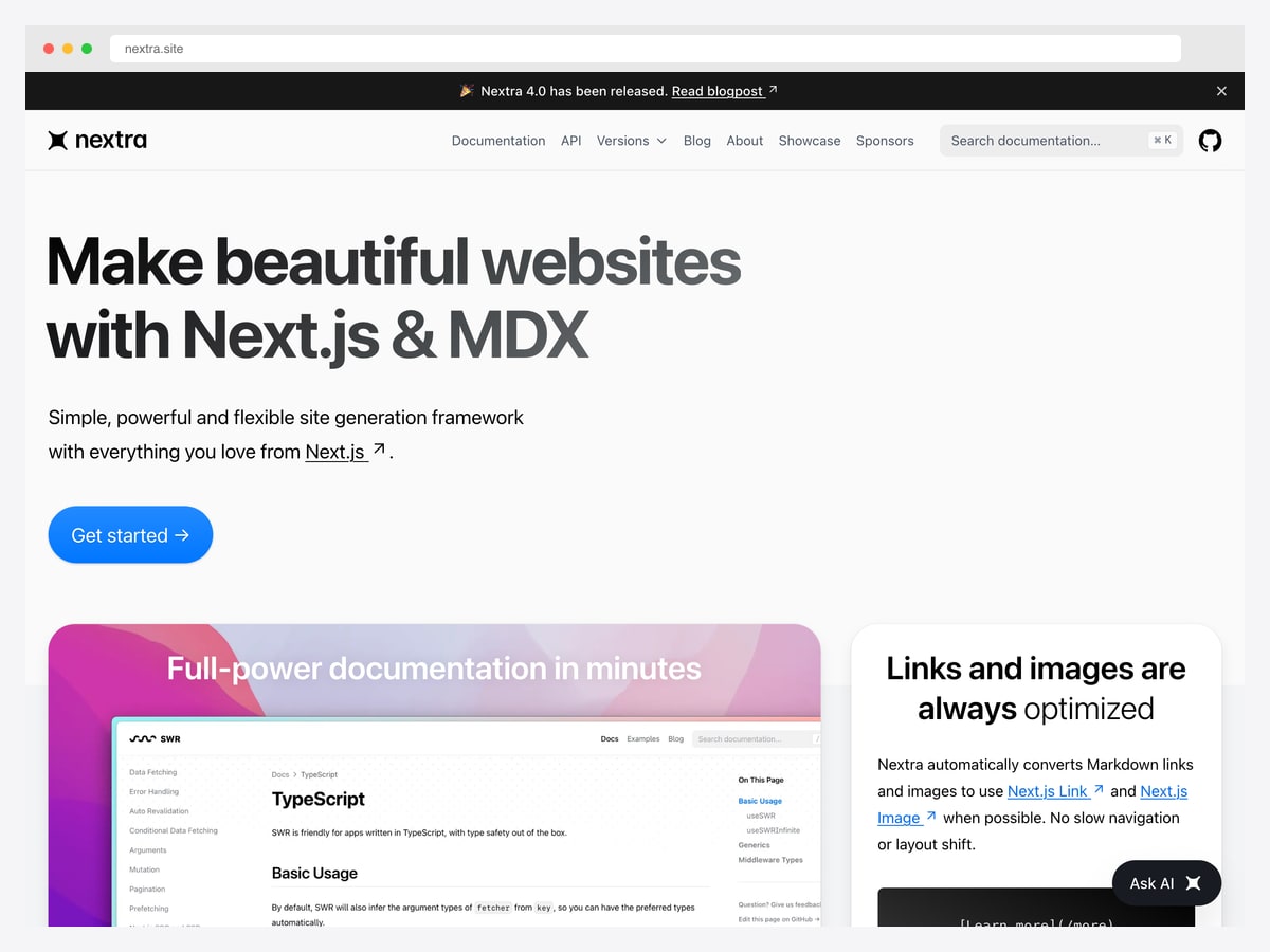 Nextra — 13.8k star Next.js MDX site framework by Vercel team, docs and blog themes