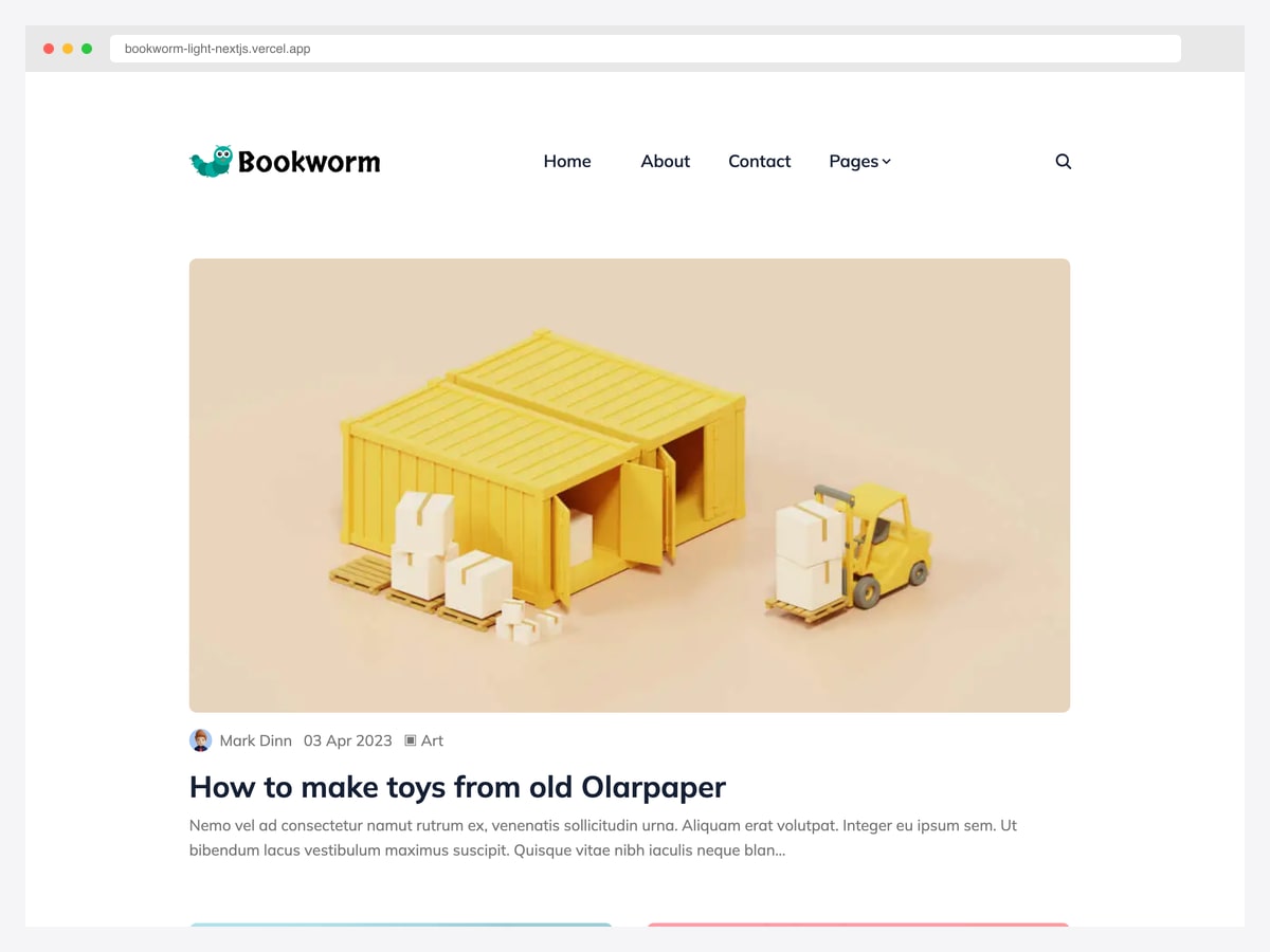 Bookworm Light by Themefisher — minimal multi-author Next.js + Tailwind blog template with 13+ pages and 95+ PageSpeed