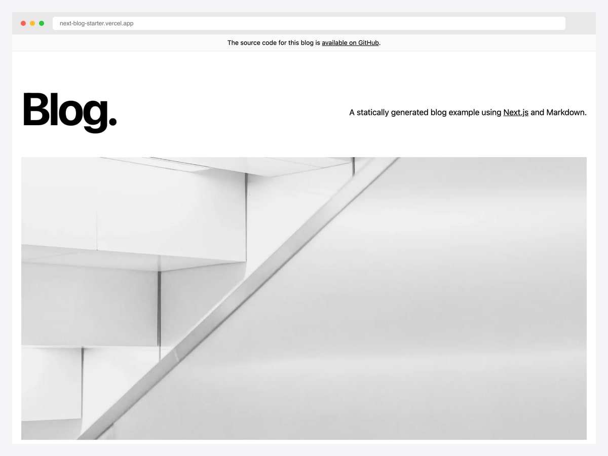 Vercel official Next.js blog-starter — TypeScript + Markdown + Tailwind official Next.js example