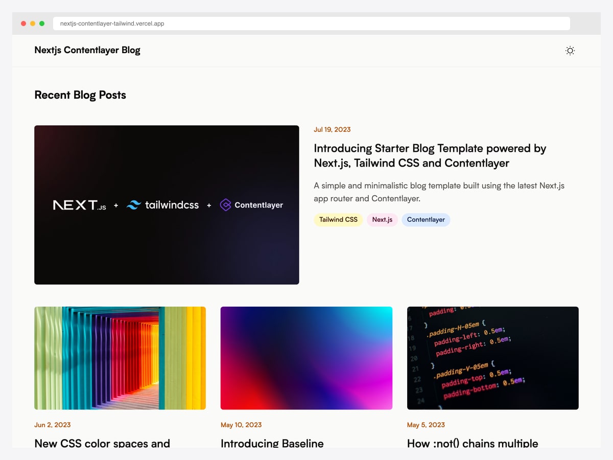 schardev/nextjs-contentlayer-blog — minimalist Next.js App Router + Tailwind + Contentlayer blog with VS Code-like syntax highlighting